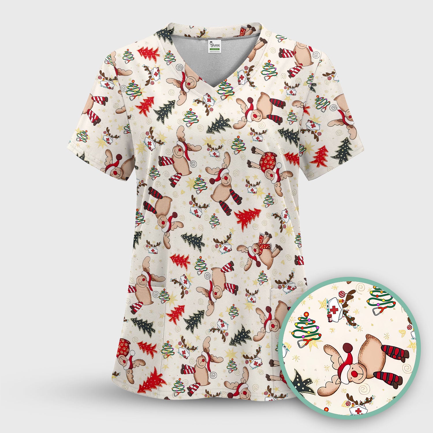 Cute Reindeer Christmas Nurse Scrub Top - Festive Holiday Medical Shirt - Comfortable Scrubs for Women RN CNA LPN