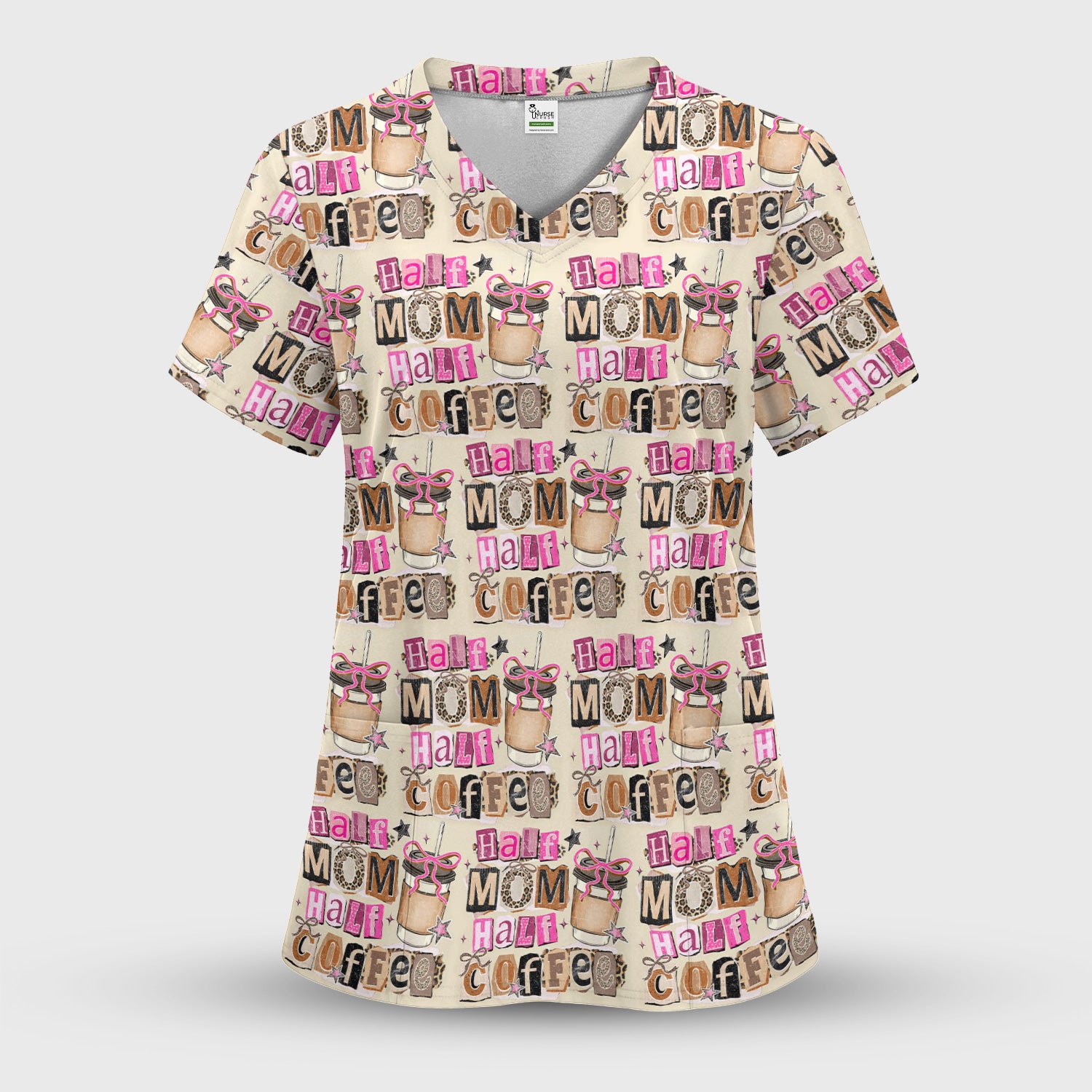 Half Mom Half Coffee Print Scrub Set, Scrub Pants and V Neck Top