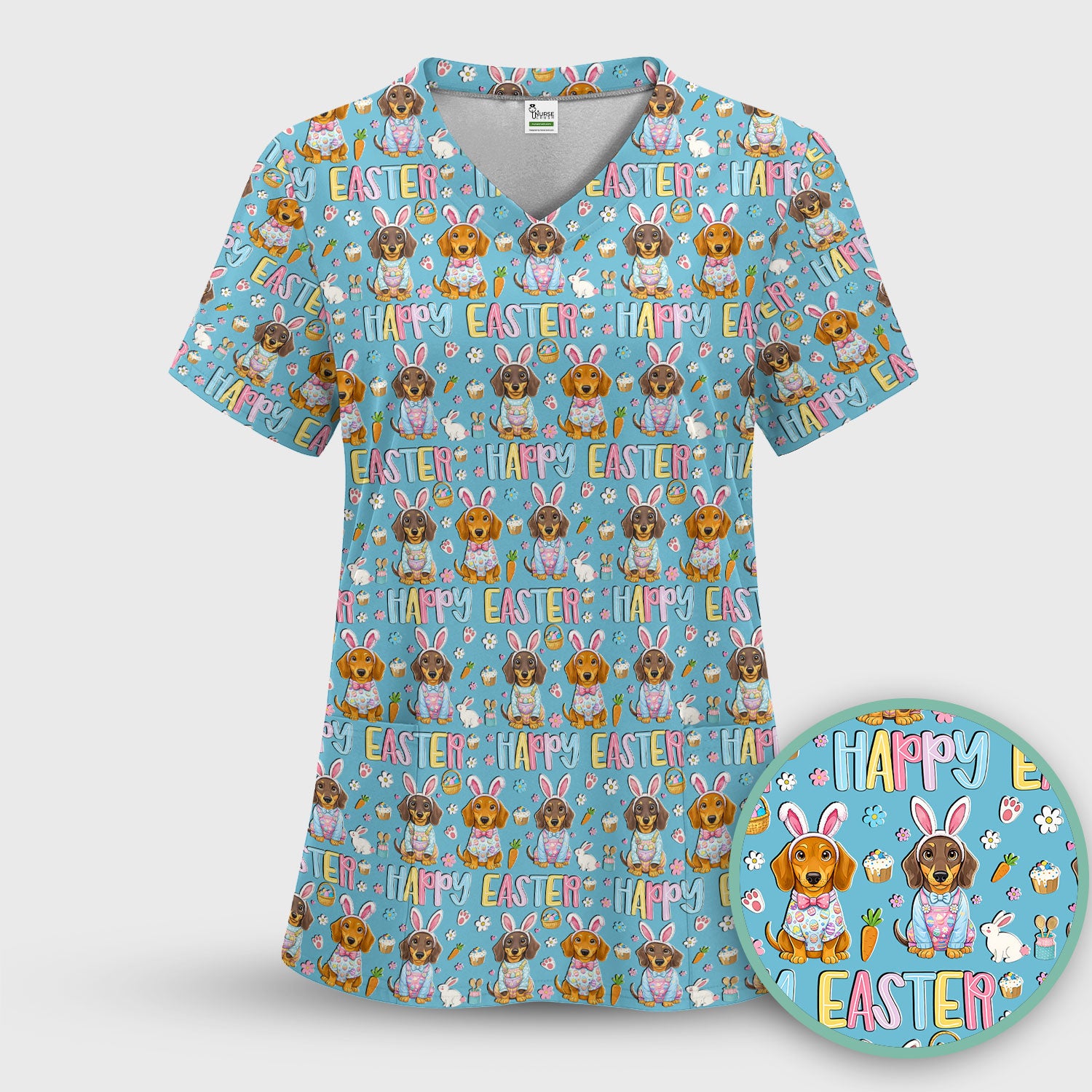 Happy Easter Dachshund Bunny Print Scrub Top, Comfortable Scrubs for Nurses