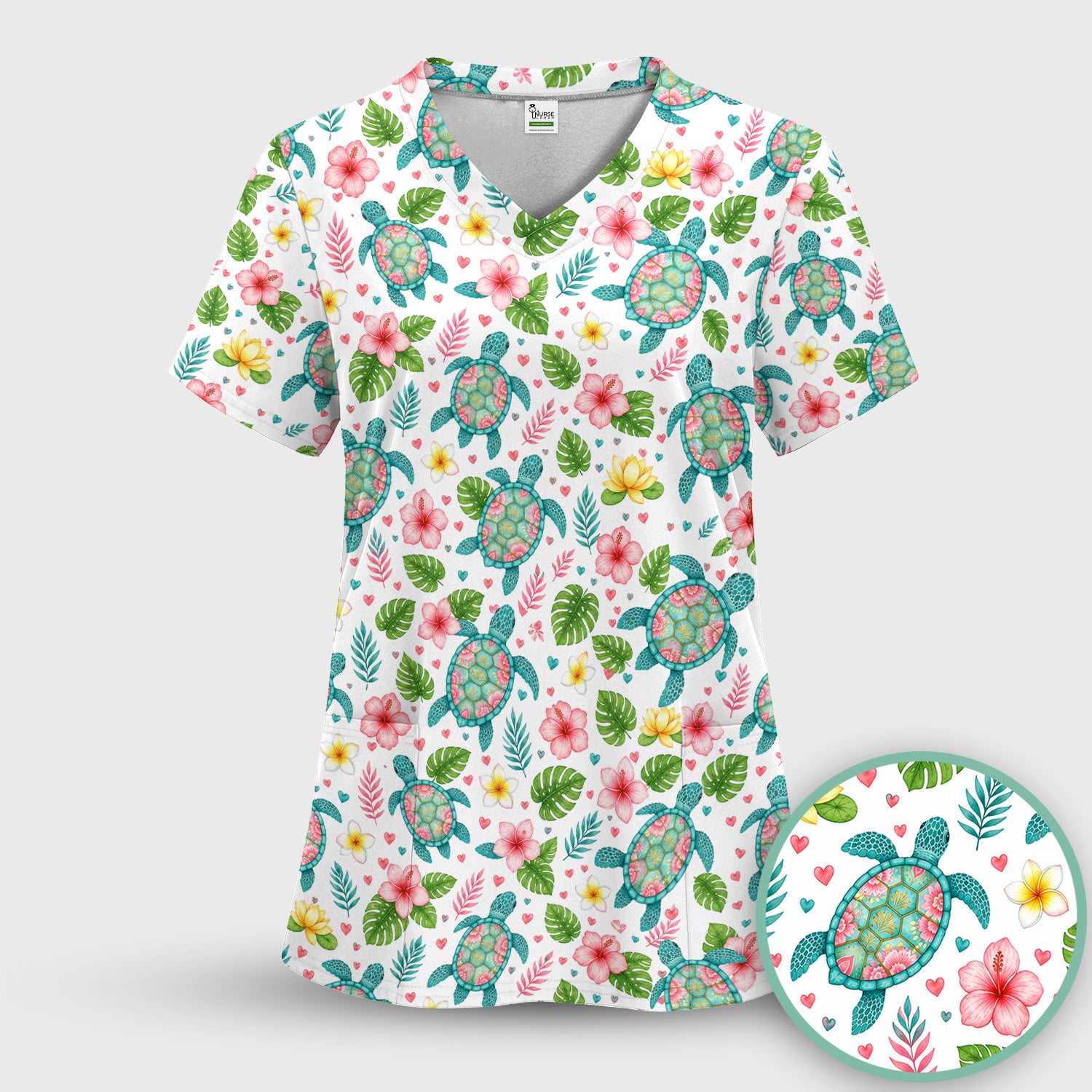 Tropical Sea Turtle Floral Pattern Scrub Top, Comfortable Scrubs for Nurses