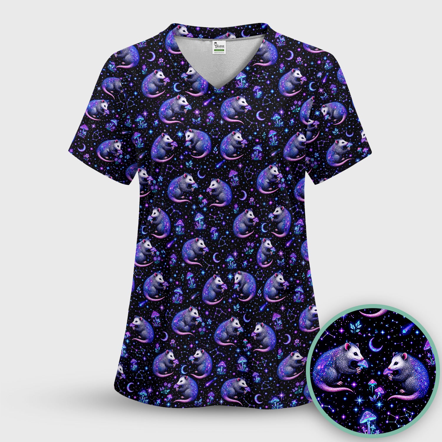 Celestial Purple Opossum With Mushroom Pattern Scrub Set, Scrub Pants and V Neck Top