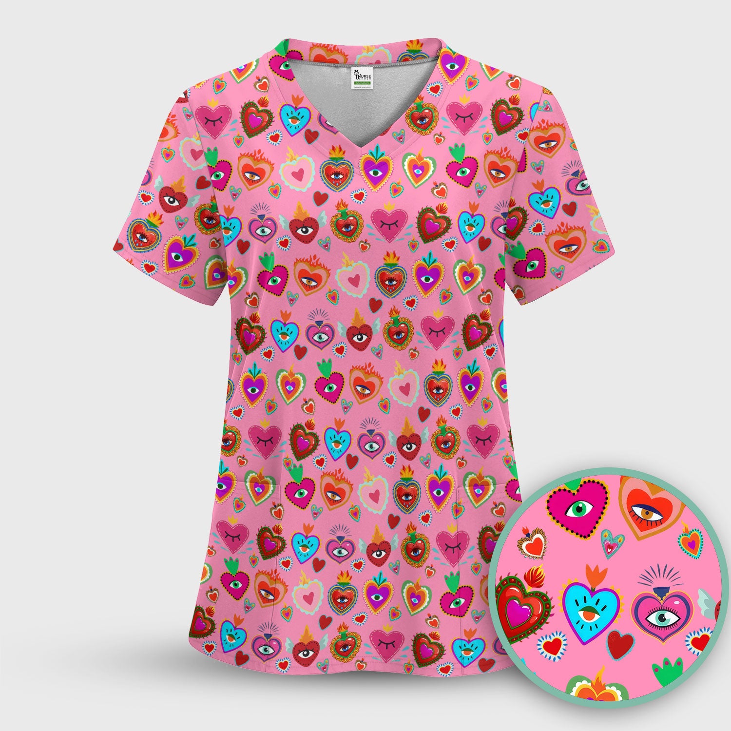 Valentine Colorful Sacred Heart Print Medical Scrub Top, Comfortable Scrubs for Nurses