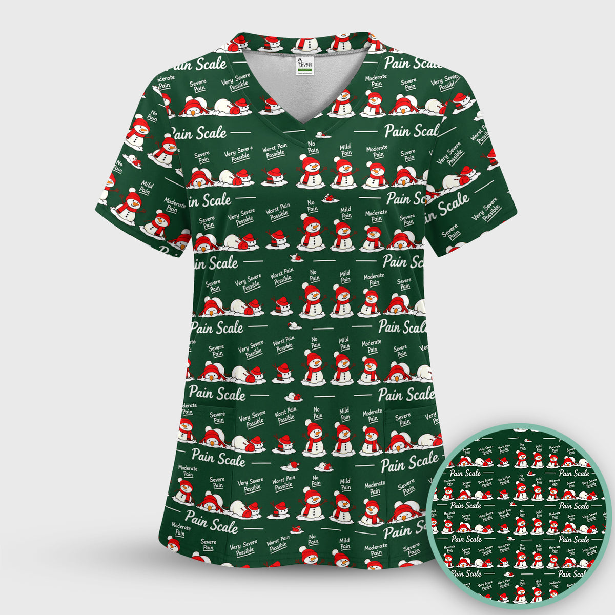 Funny Christmas Snowman Pain Scale Scrub Set, Scrub Pants and V Neck Top