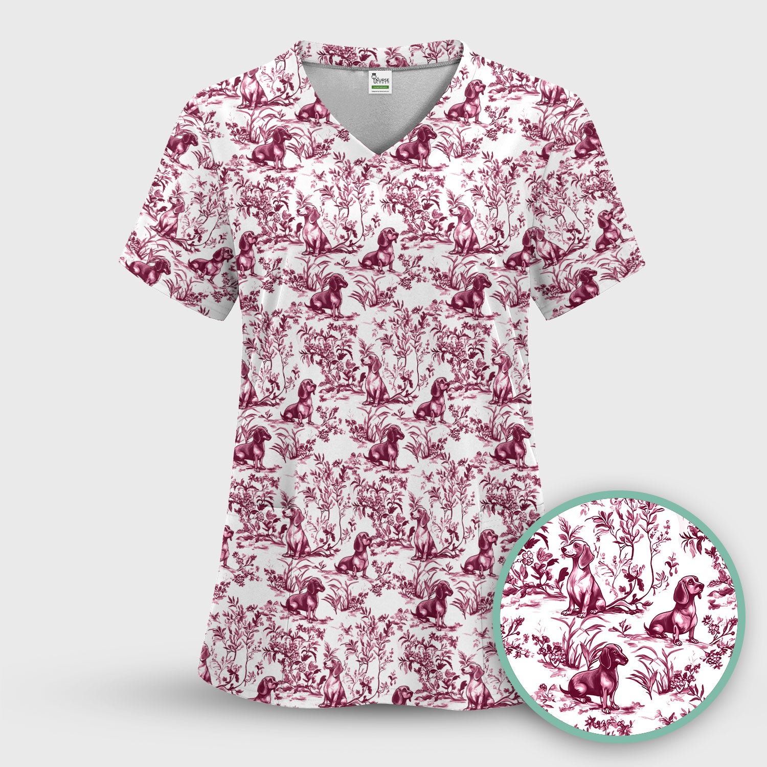 Toile de Jouy Dog Scrub Top – Elegant Blue Dachshund Pattern – Cute Medical Uniform for Nurses, Vets, and Animal Care Workers