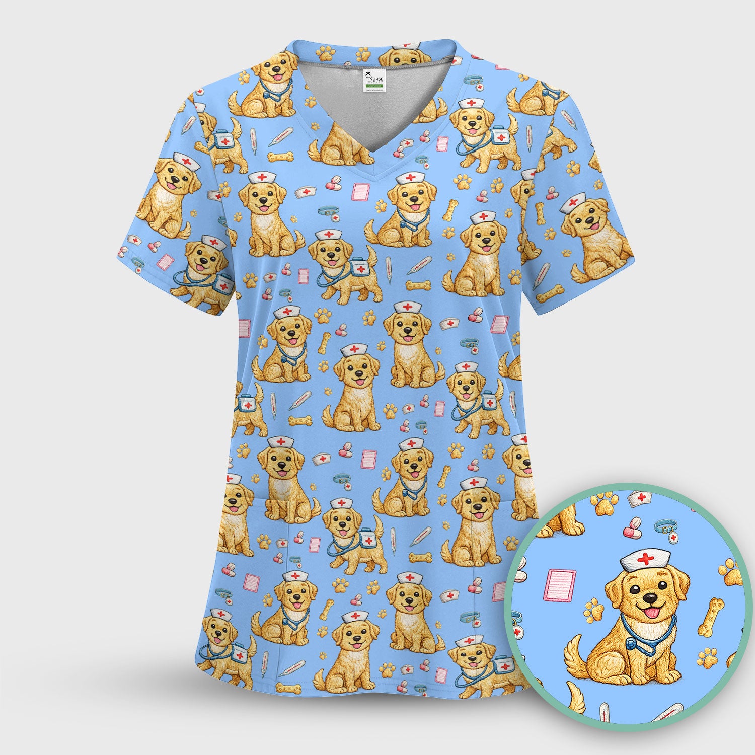 Cute Puppy Nurse Medical Print Scrub Top, Comfortable Scrubs for Nurses