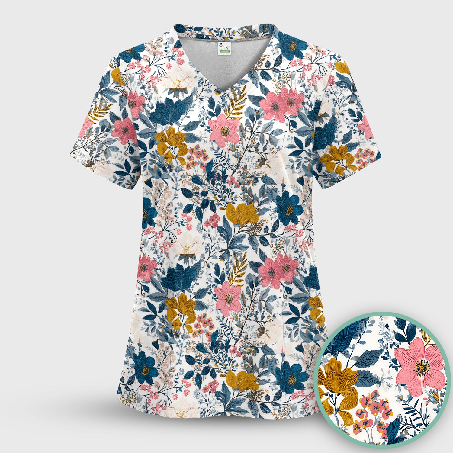 Elegant Floral Garden Bloom Pattern Scrub Set, Scrub Pants and V Neck Top