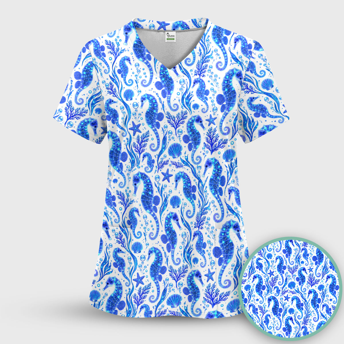 Blue Ocean Seahorse Pattern Scrub Top, Comfortable Scrubs for Nurses