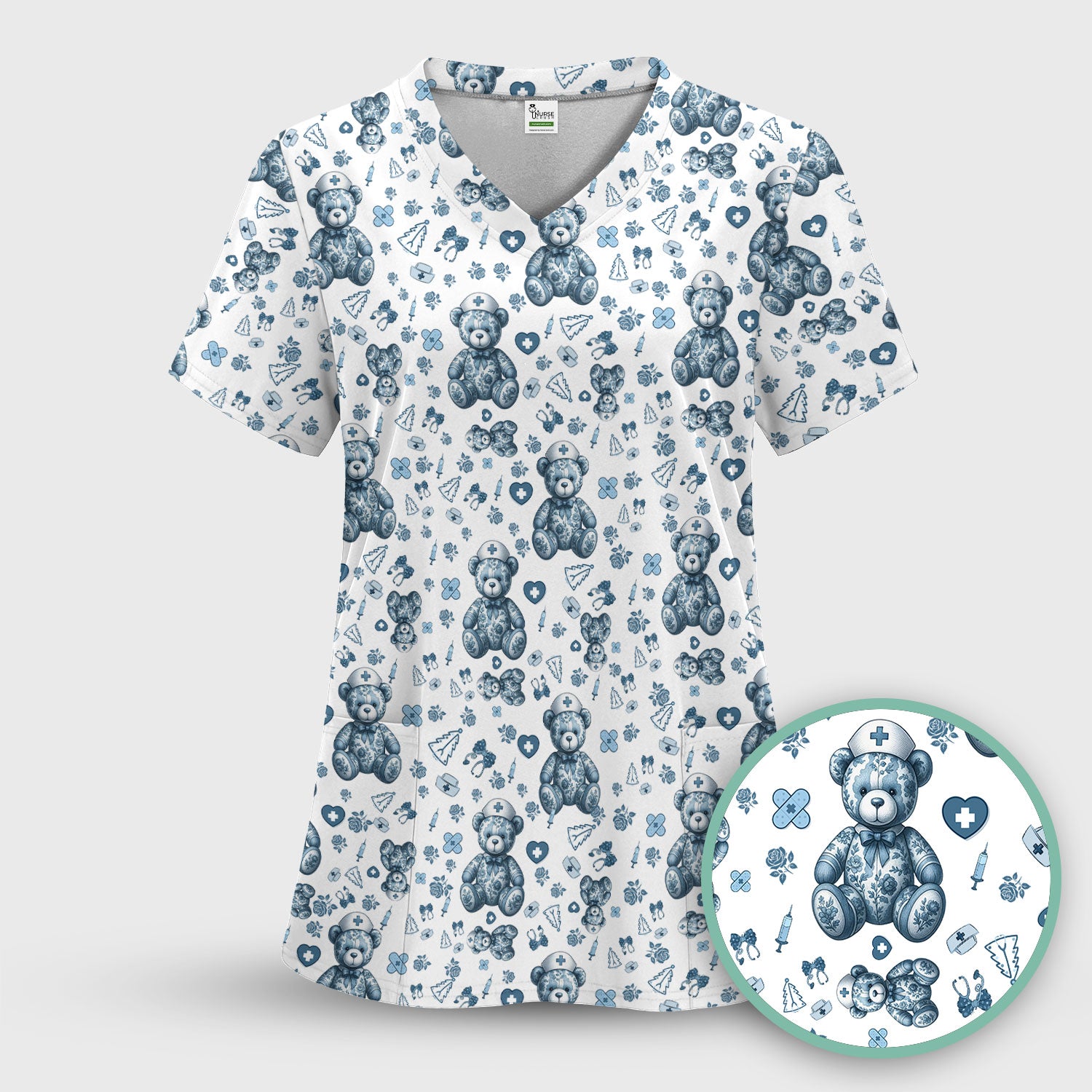 Toile Teddy Bear Nurse Scrub Top - Elegant Blue Toile de Jouy Pattern Medical Shirt for Women - Cute Vintage Nursing Uniform Gift