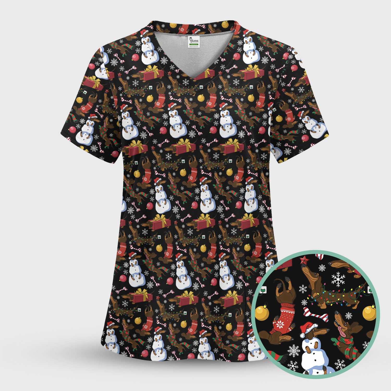 Funny Christmas Nurse Scrubs - Dachshund Dog & Snowman Print Top - Multi Color Custom Nursing Shirt Gift for Healthcare Workers