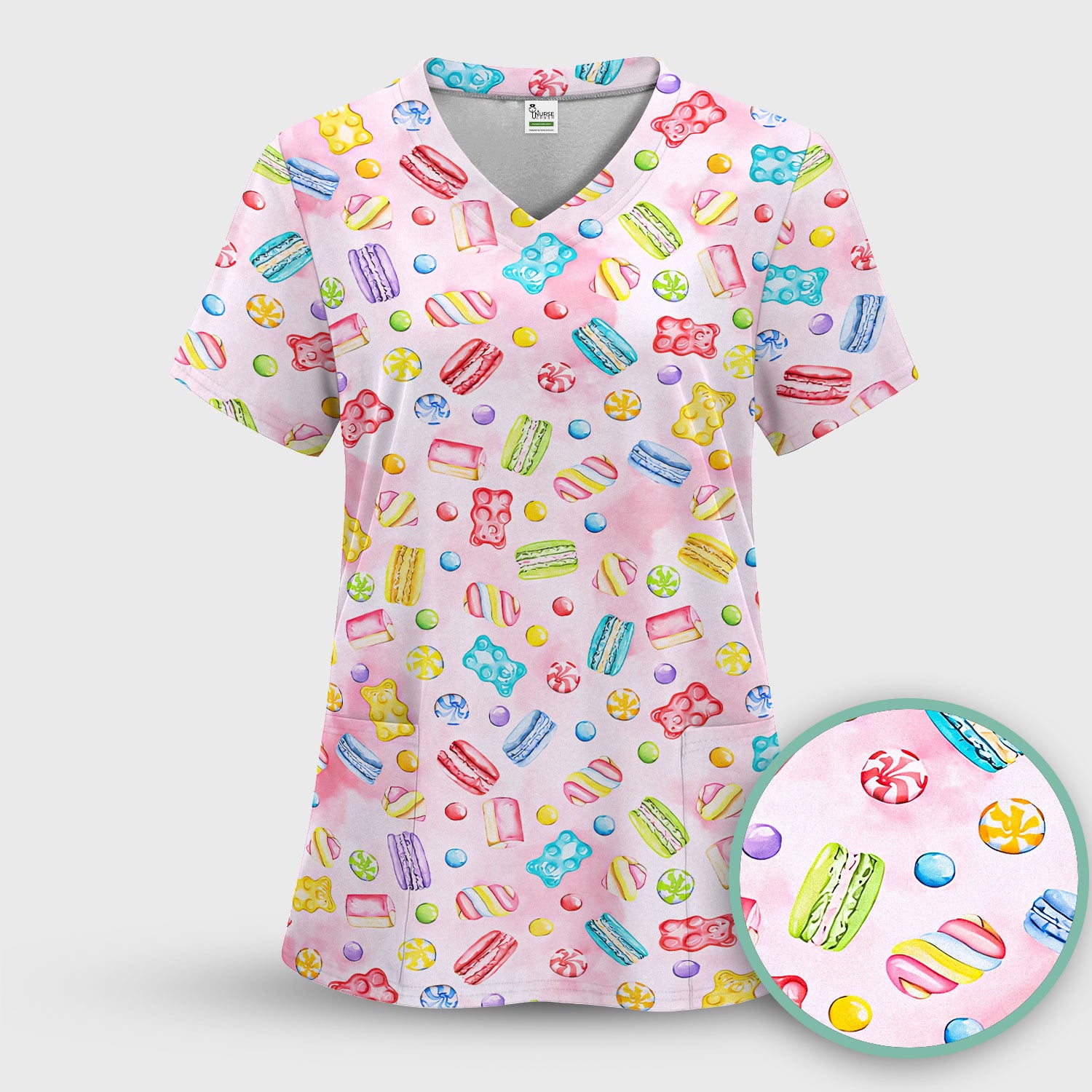Cute Candy and Macaron Pattern Medical Scrub Top, Comfortable Scrubs for Nurses
