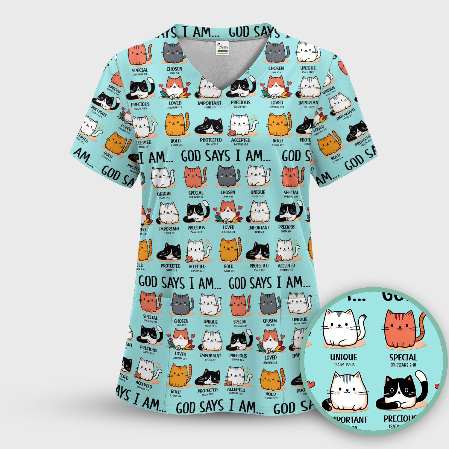 Cute Christian Cat God Says I Am Scrub Top, Comfortable Scrubs for Nurses