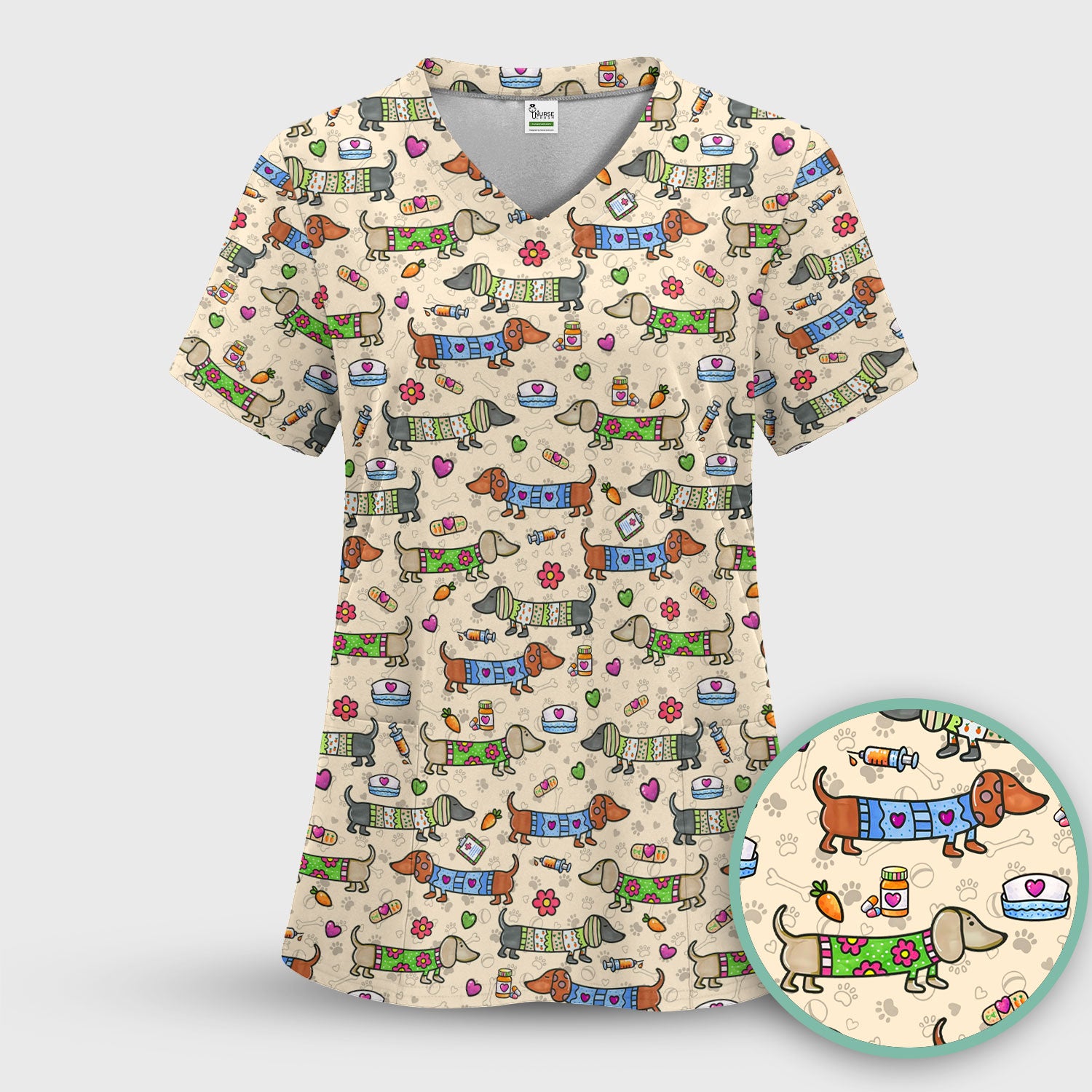 Cute Dachshund Nurse Scrub Top, Funny Wiener Dog Nursing Shirt, Breathable Fabrics Nursing Uniform