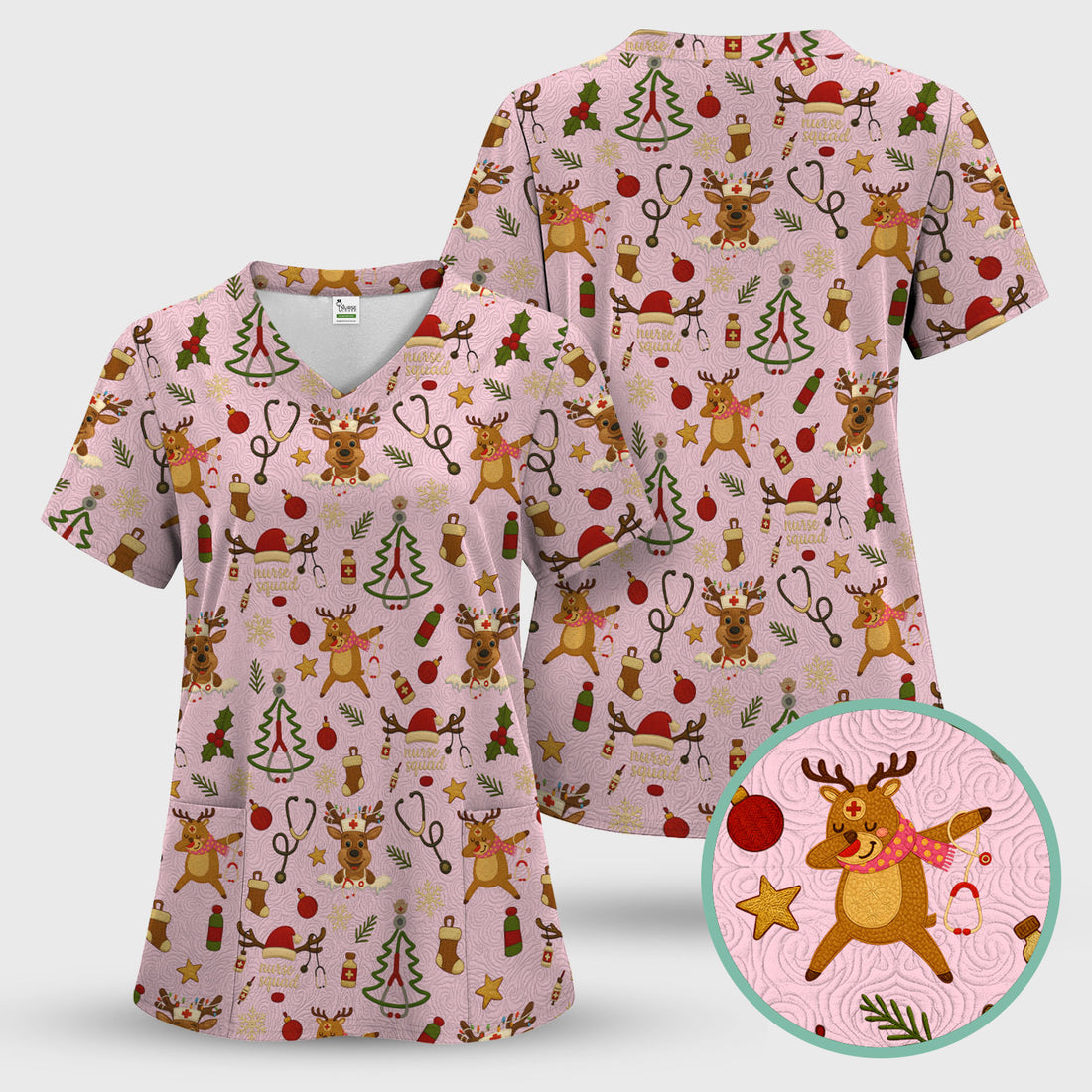 Christmas Reindeer Scrub Top - Cute Holiday Nurse Scrubs with Reindeer Print - Funny Xmas Medical Scrub Shirt Gift for Women CNA RN Doctor
