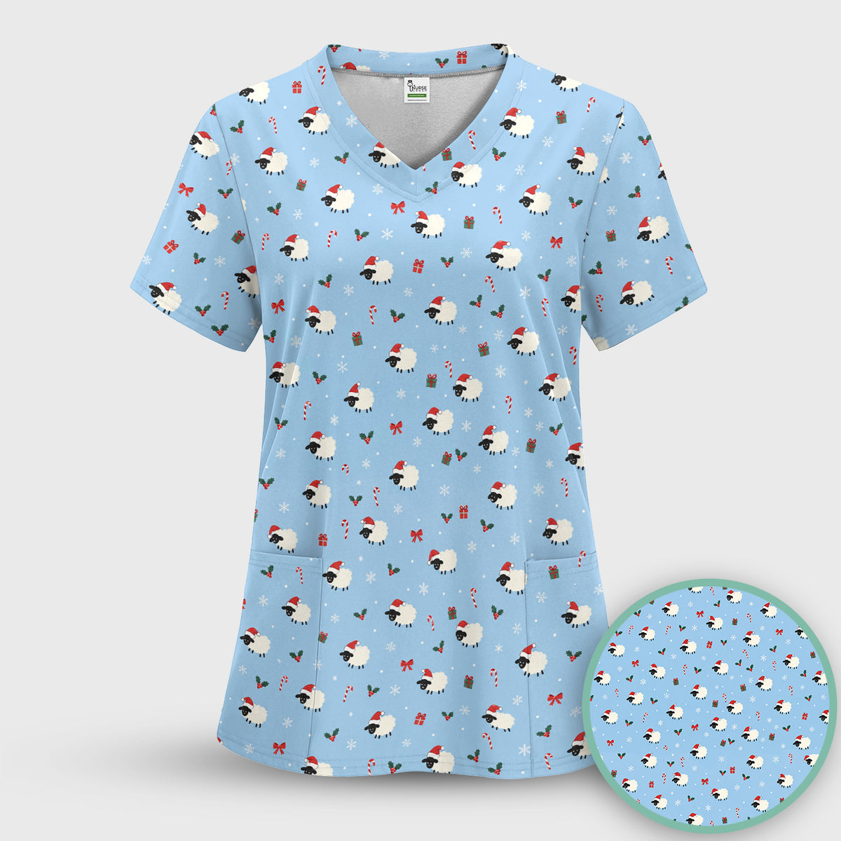 Cute Christmas Sheep Pattern Scrub Top, Comfortable Scrubs for Nurses