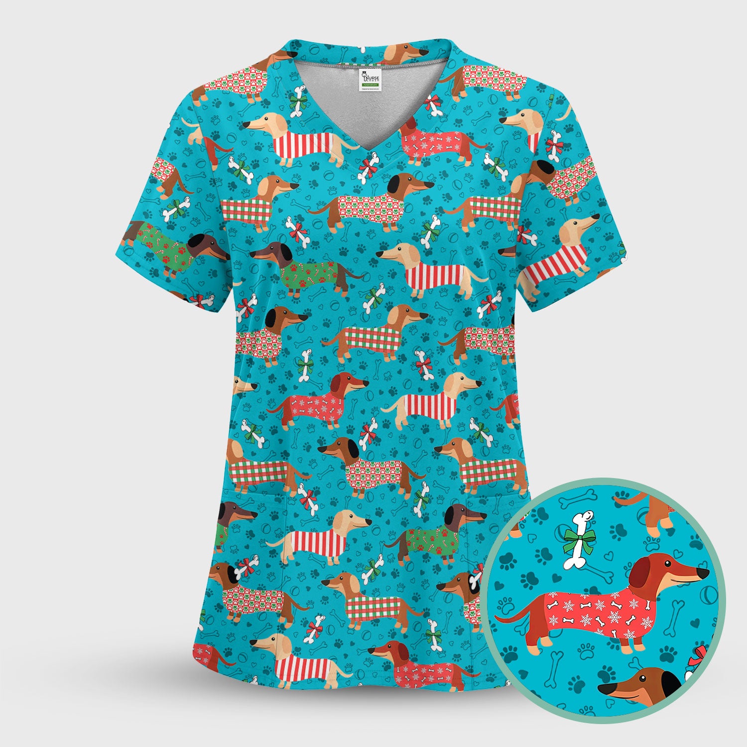 Christmas Dachshund Scrub Top for Women - Cute Sausage Dog Paw Print Nursing Uniform Holiday Shirt - Funny Xmas Medical Gift