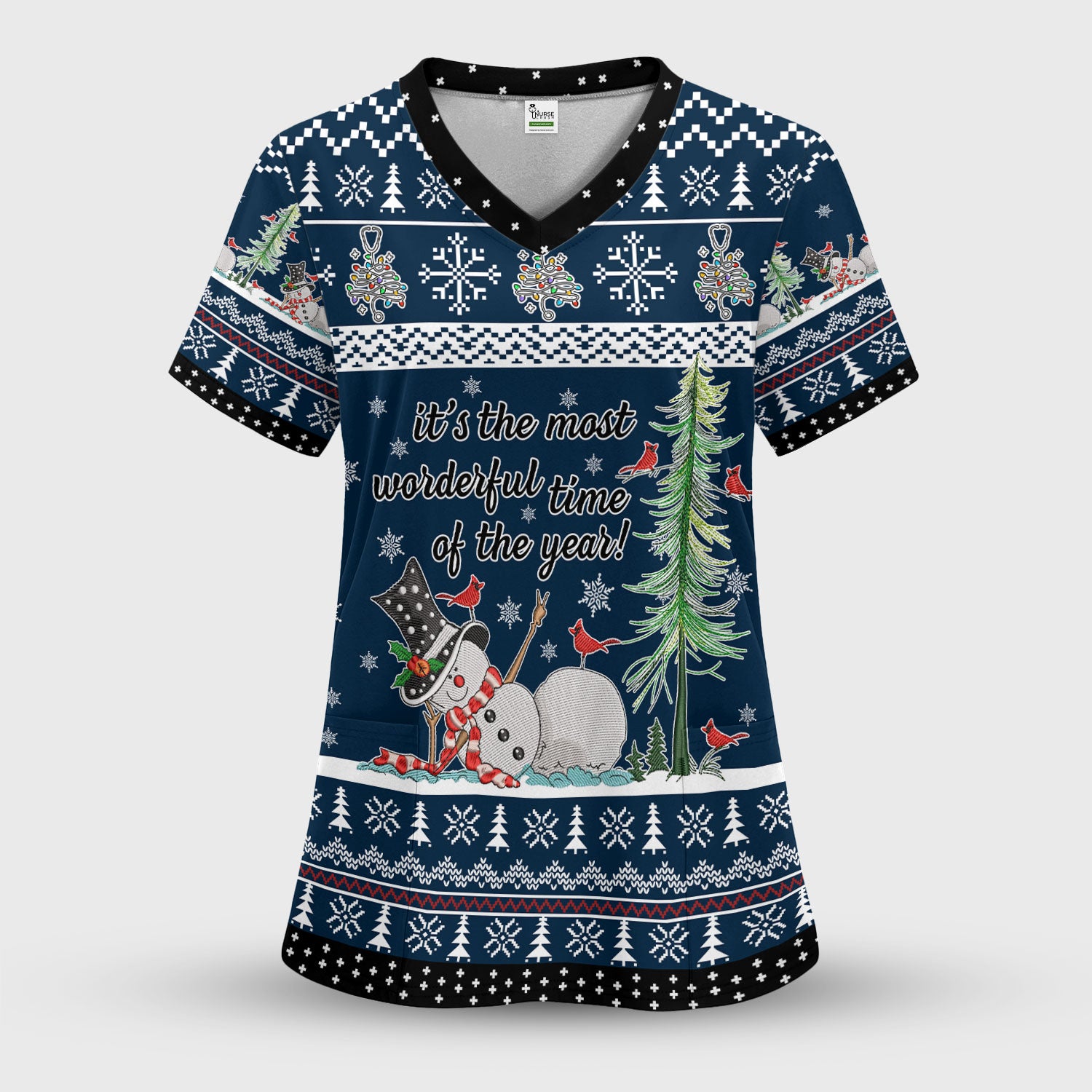 Snowman Christmas Scrub Top, Funny Holiday Nurse Shirt, It's The Most Wonderful Time Of The Year Uniform FOr Nursing