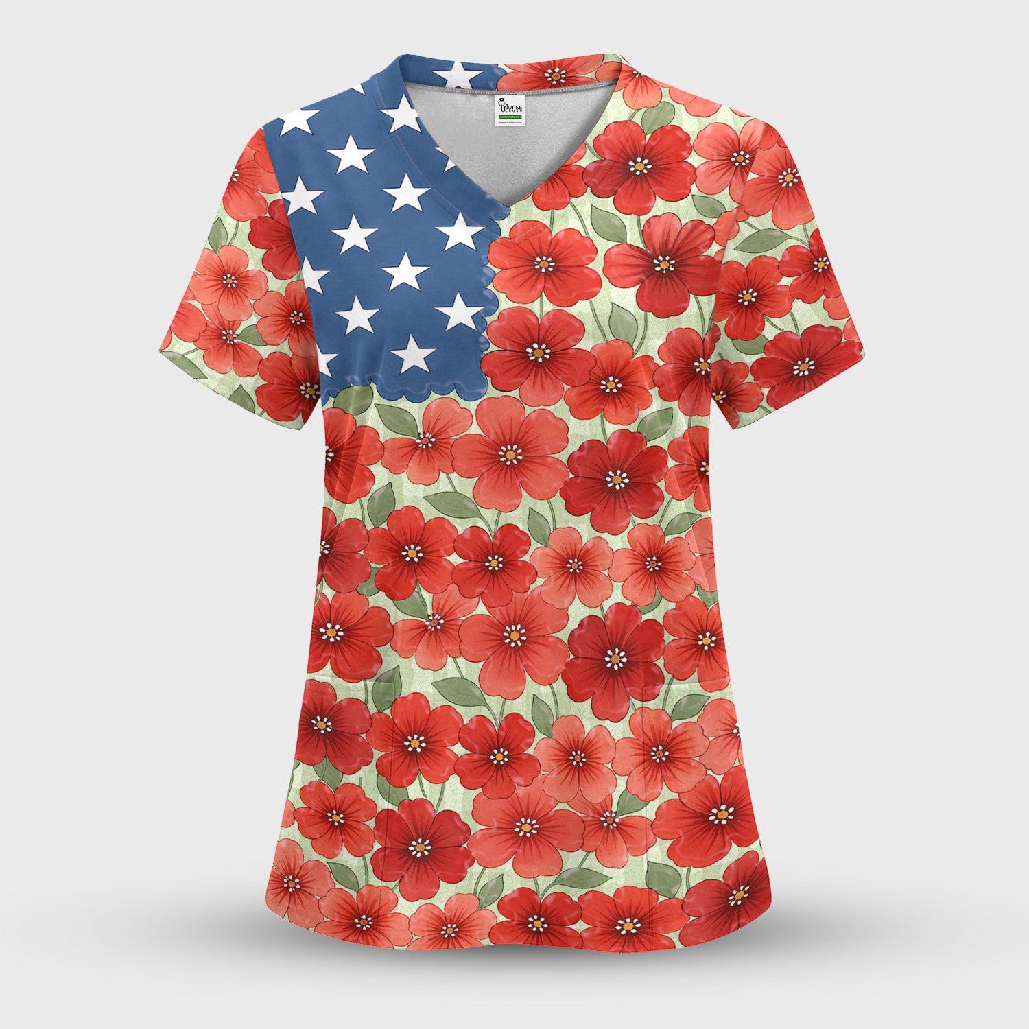 Patriotic USA Flag With Red Floral Blossom Pattern Scrub Set, Scrub Pants and V Neck Top