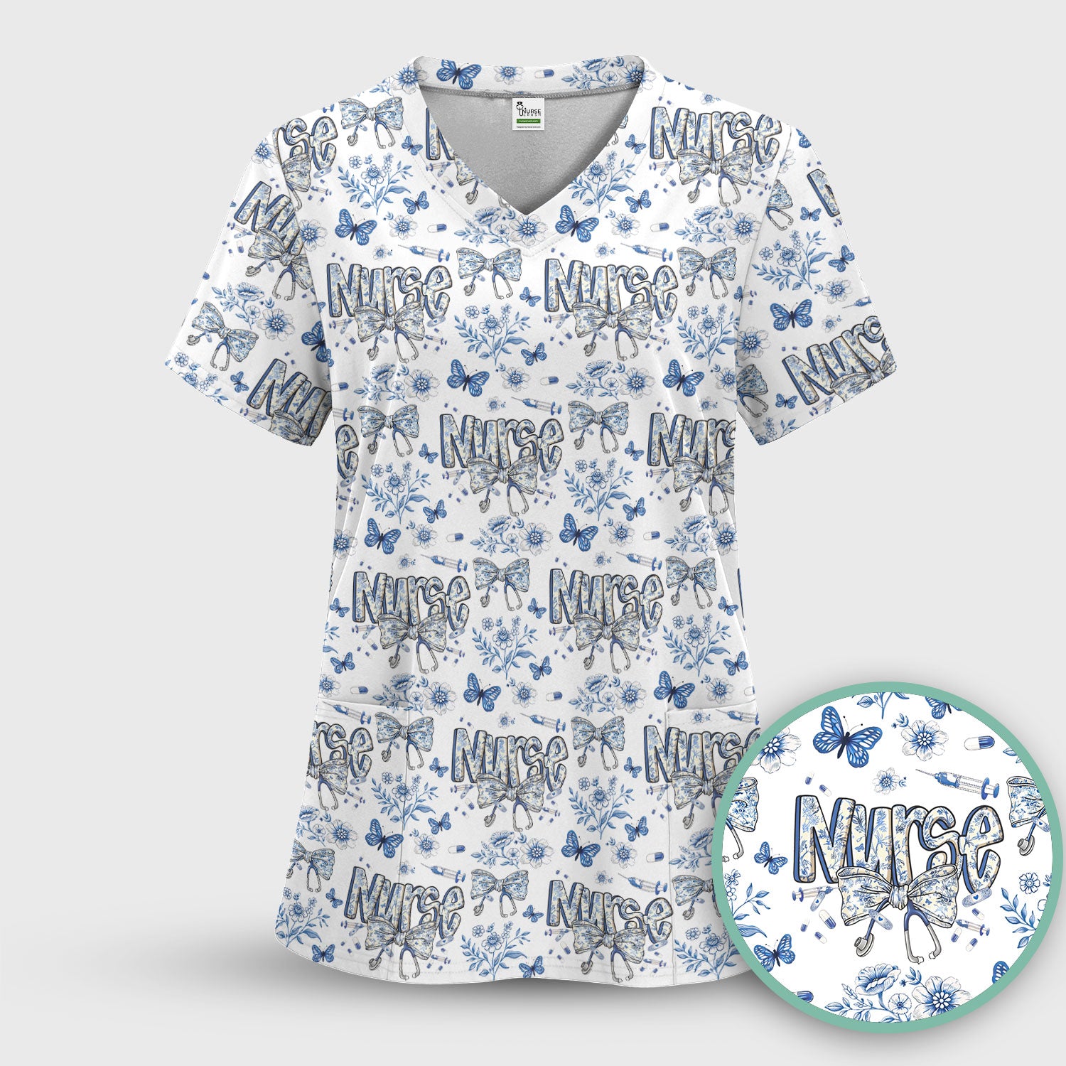 Blue Nurse Letter Bow Butterfly Floral Print Scrub Top, Comfortable Scrubs for Nurses