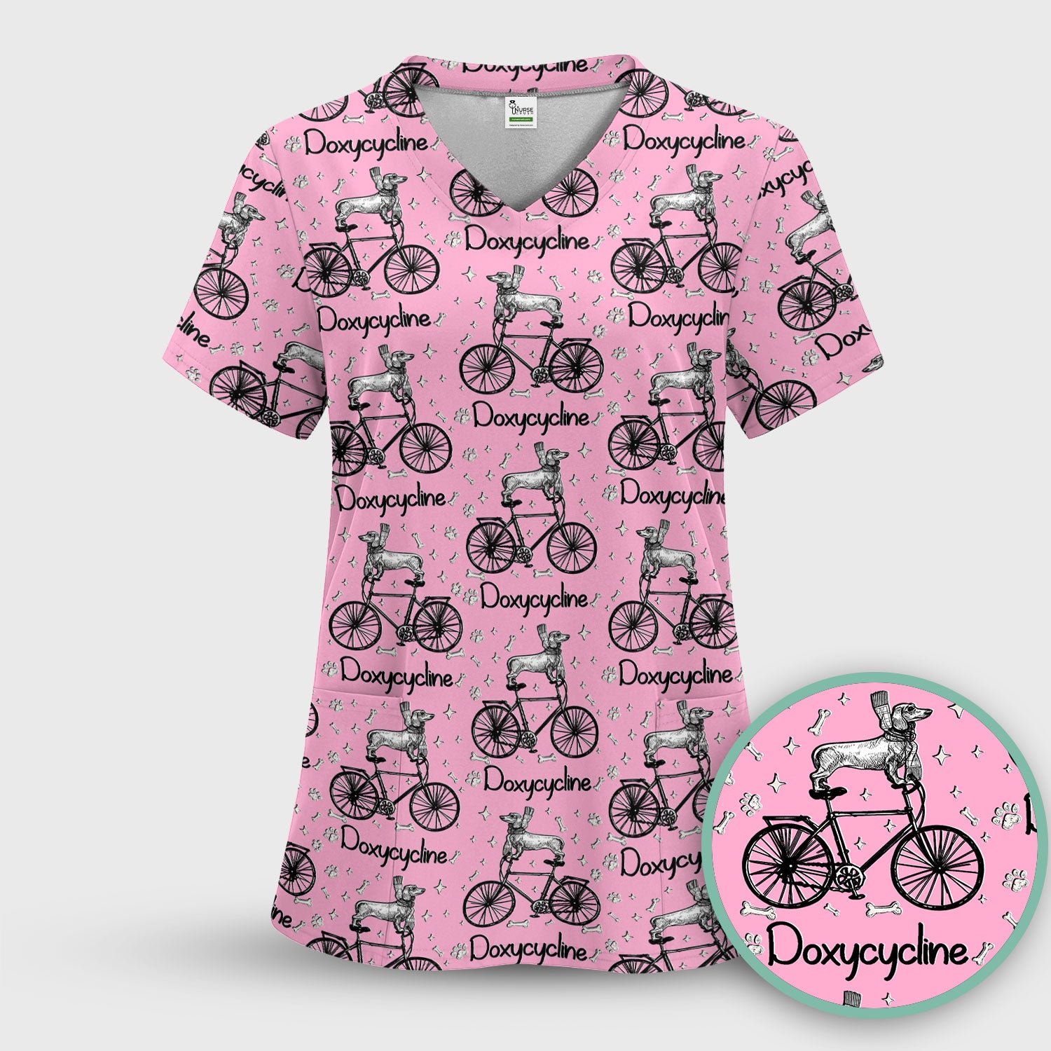 Funny Doxycycline Dog Bicycle Print Scrub Set, Scrub Pants and V Neck Top