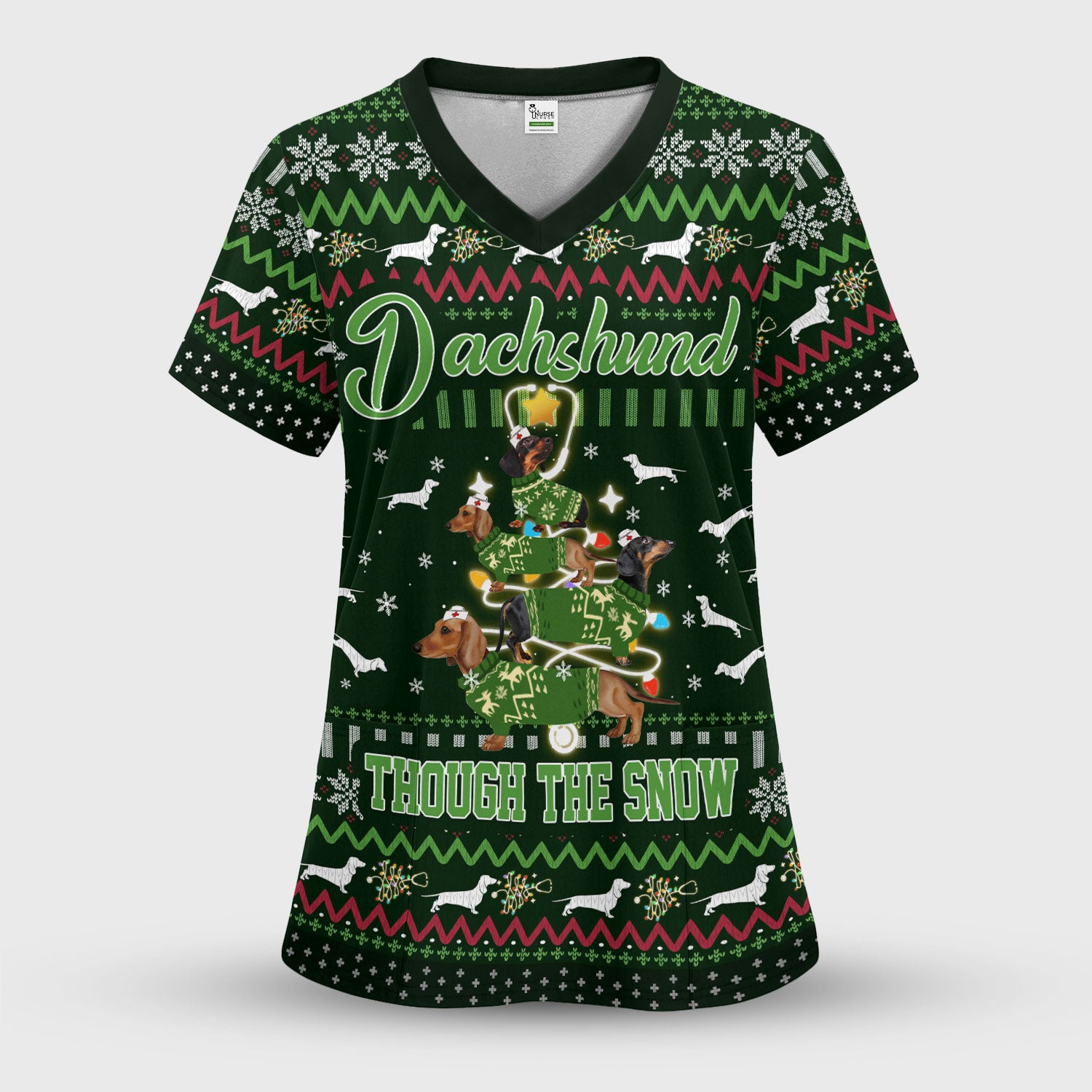Dachshund Through The Snow Christmas Scrub Top - Funny Sausage Dog Xmas Tree Nurse Shirt - Cute Holiday Medical Uniform