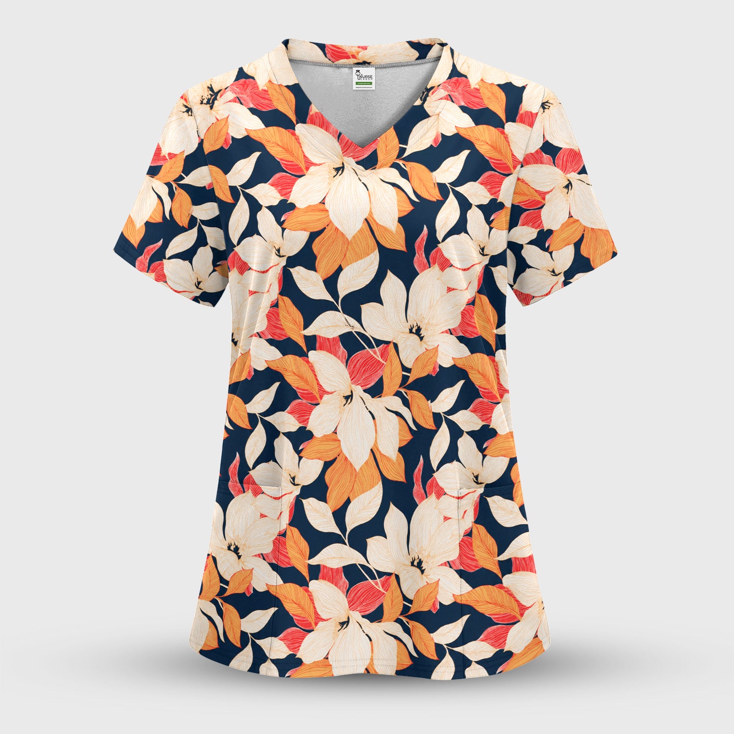 Elegant Ivory Lily Leaves Pattern Scrub Set, Scrub Pants and V Neck Top