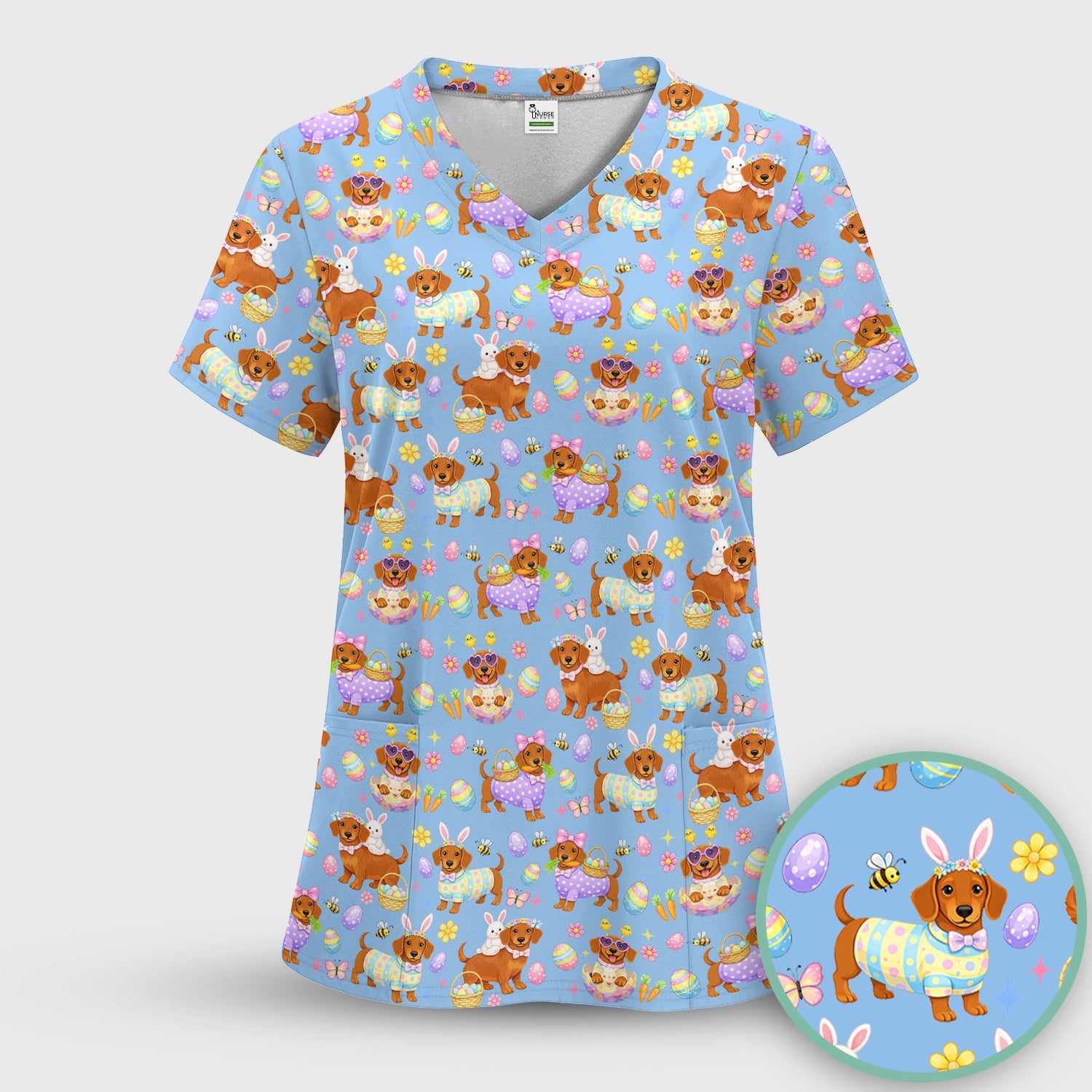 Cute Easter Dachshund Dog Pattern Scrub Top, Breathable Healthcare Uniform Top