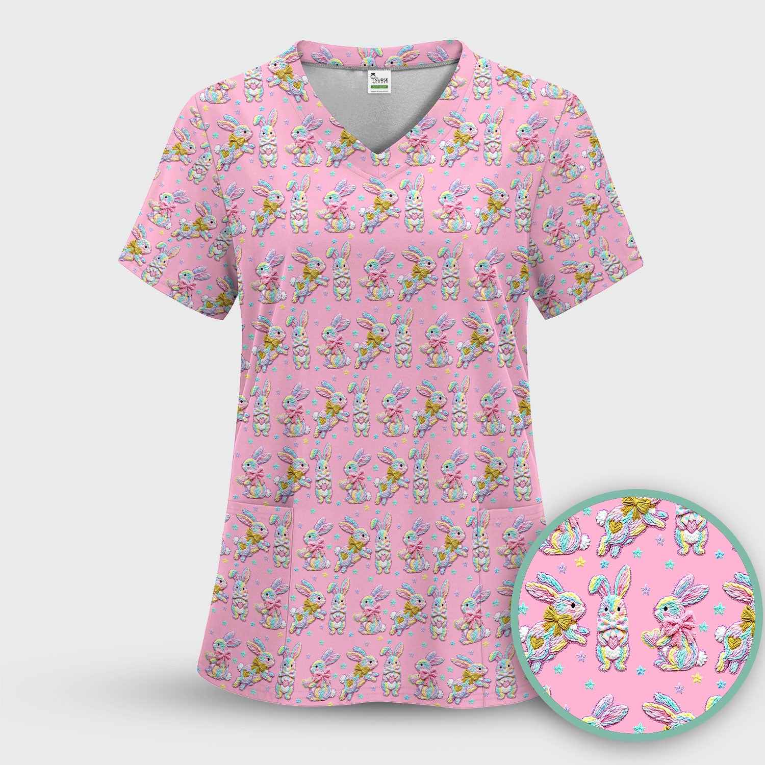 Cartoon Bunny All Over Print Scrub Top, Comfortable Scrubs for Nurses, Easter