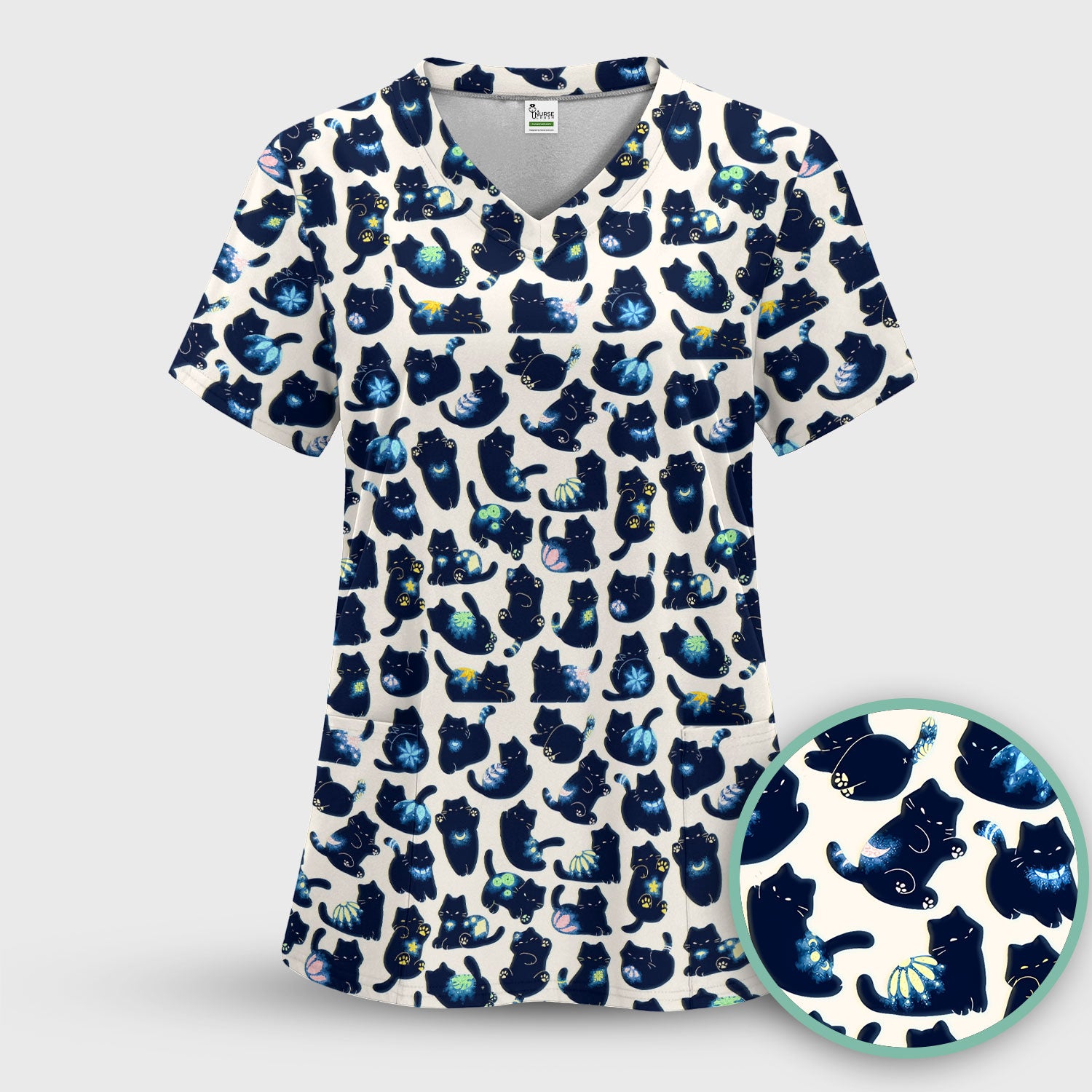 Midnight Cat Scrub Top, Black Cat Pattern Nurse Shirt, Breathable Fabrics Nursing Uniform