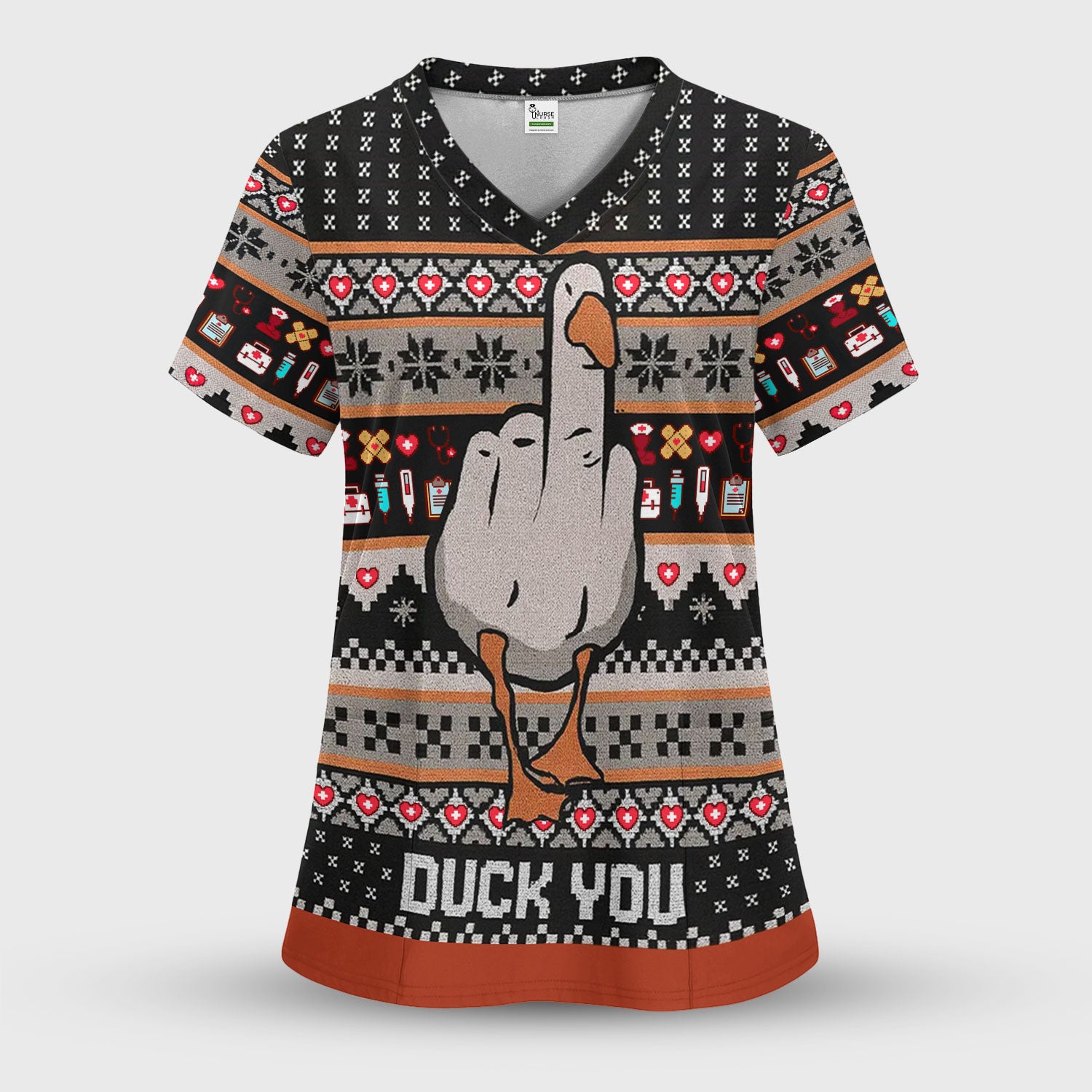 Funny Duck Scrub Top – Ugly Christmas Nurse Pattern – Humorous Medical Uniform For Nursing