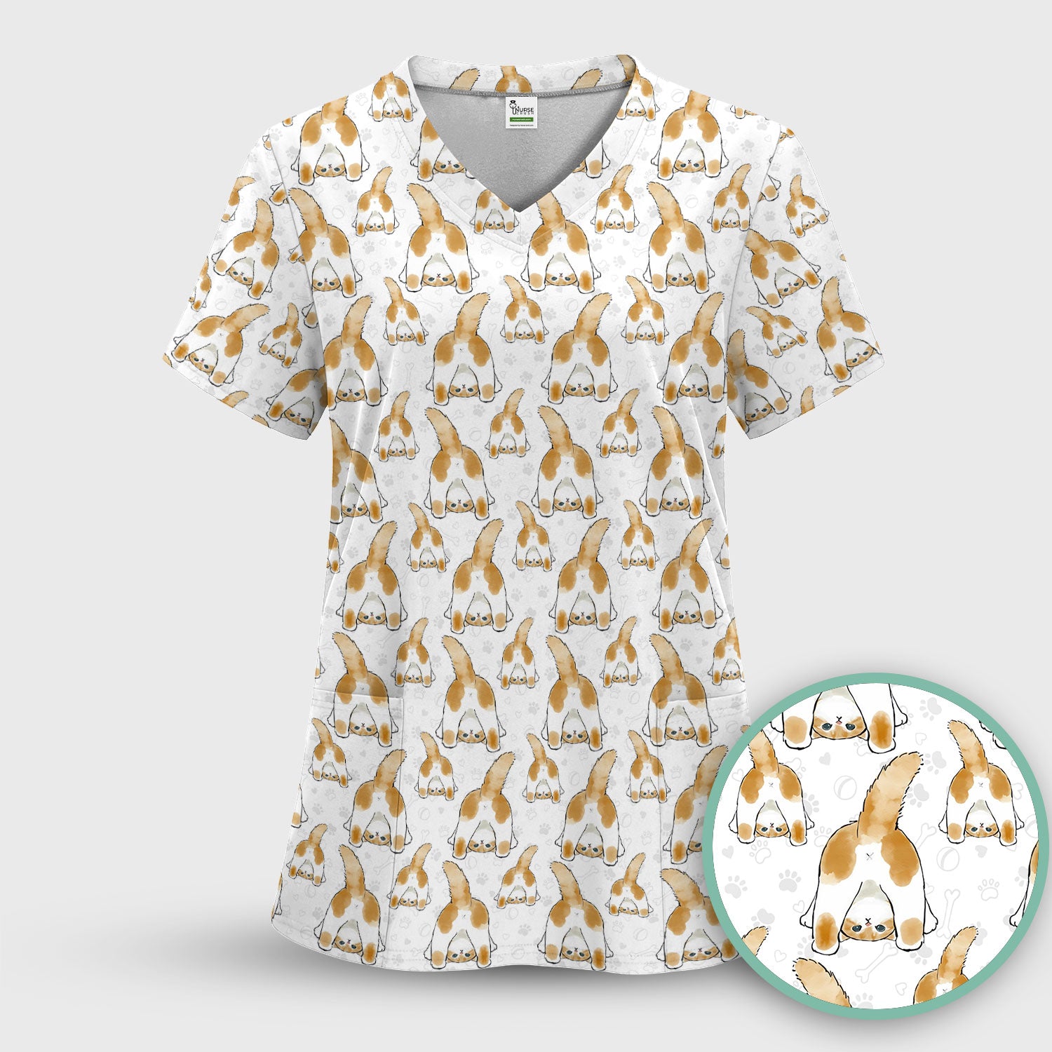 Cute Cat Butt Nurse Scrub Top, Cat Pattern Medical Shirt For Pet Lover, Breathable Fabrics Nursing Uniform