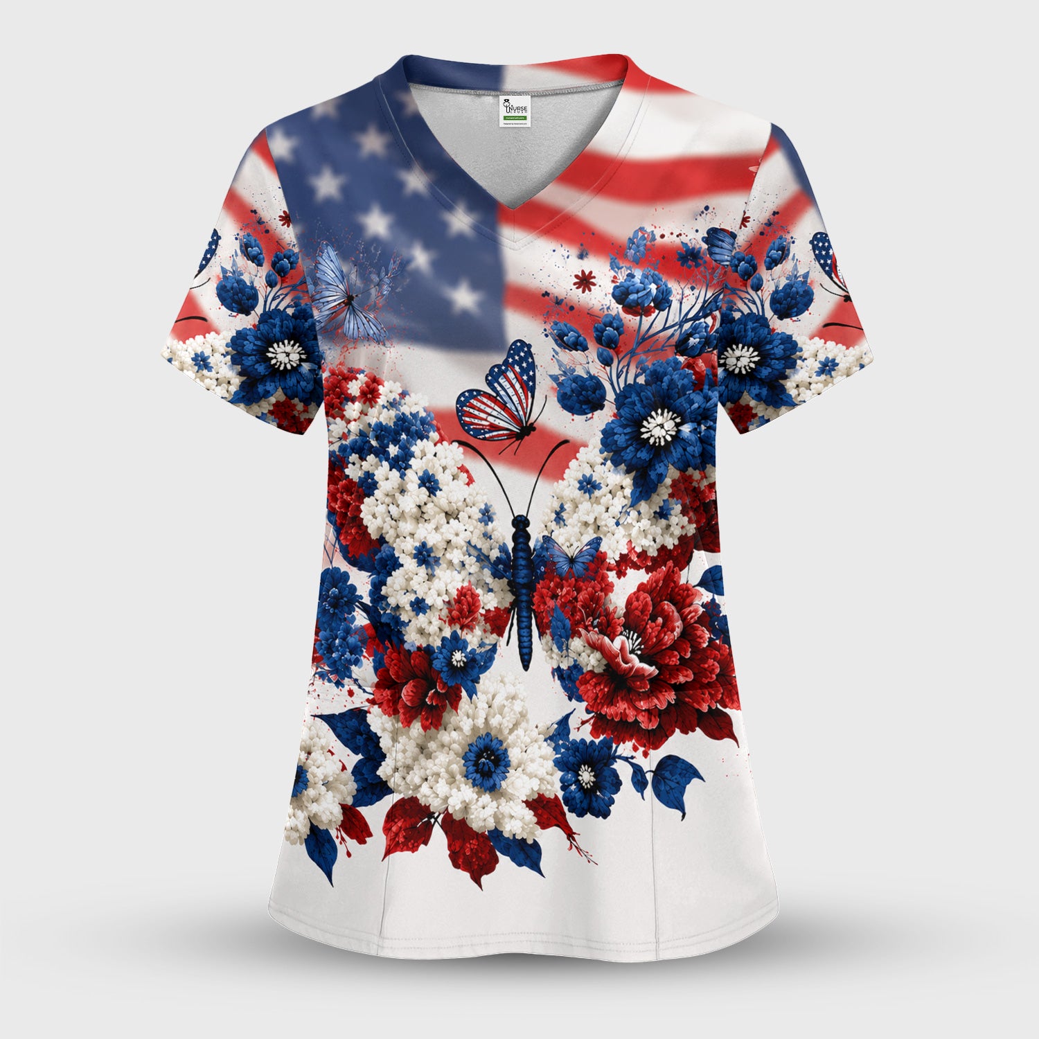 Patriotic Butterfly with Floral Print Scrub Top, Comfortable Scrubs for Nurses