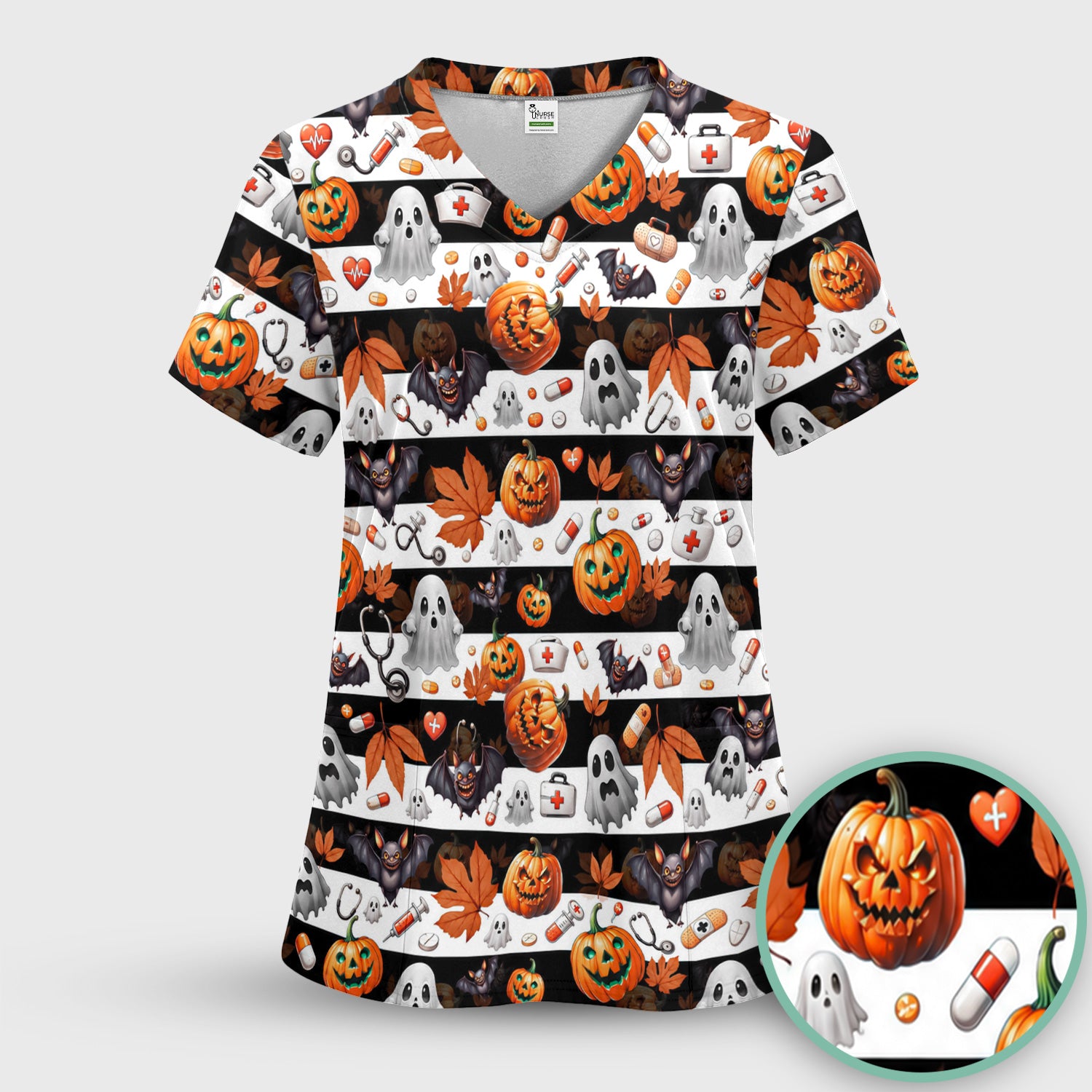Halloween Ghost And Medical Icons Scrub Set, Scrub Pants and V Neck Top