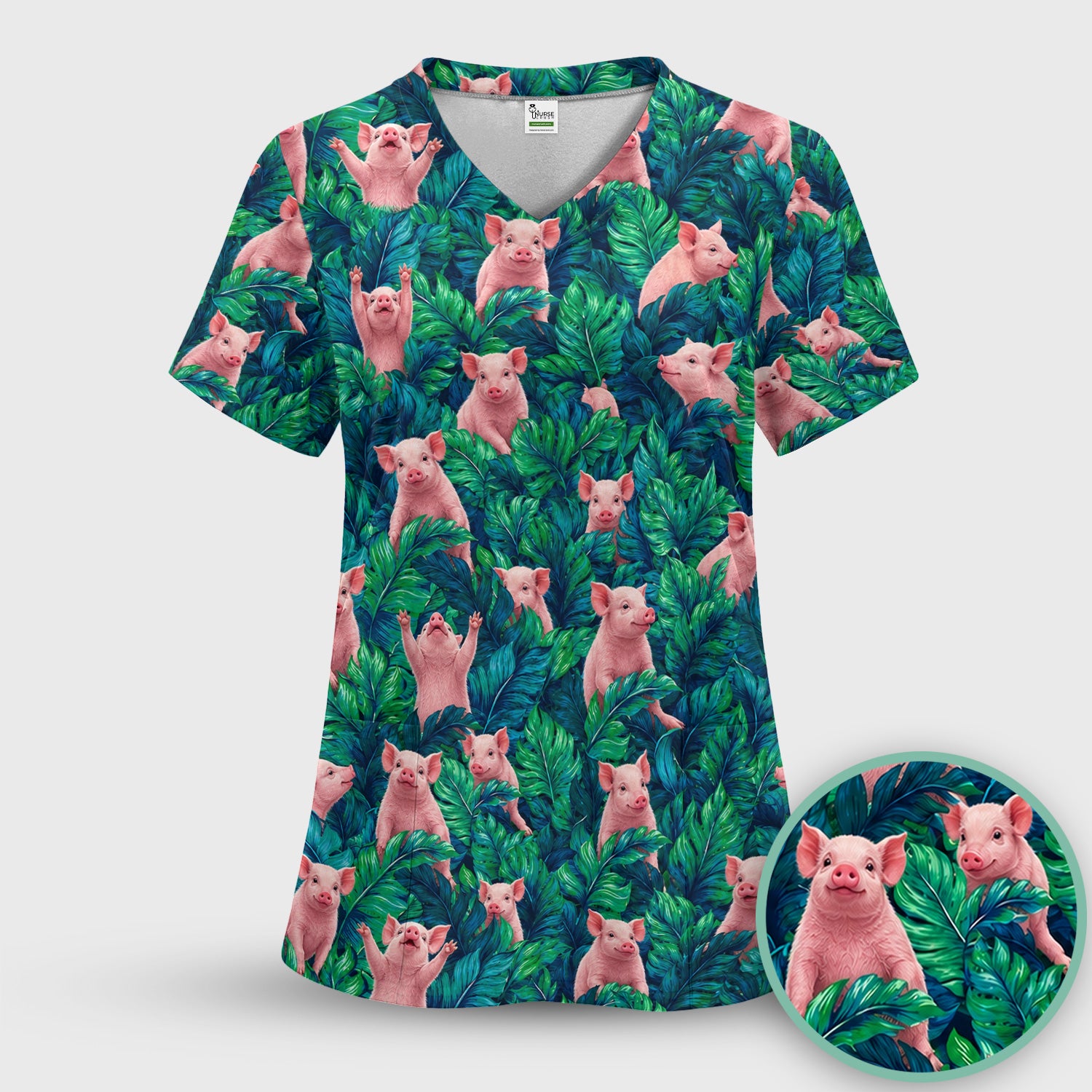 Cute Piglet Jungle Leaves Pattern Scrub Top, Comfortable Scrubs for Nurses