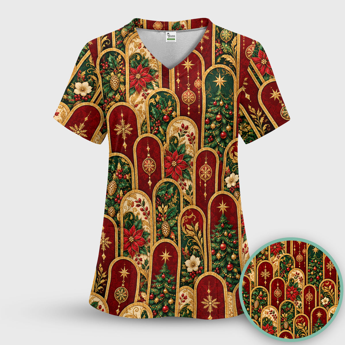 Elegant Christmas Poinsettia Gold Arch Pattern Scrub Top, Comfortable Scrubs for Nurses