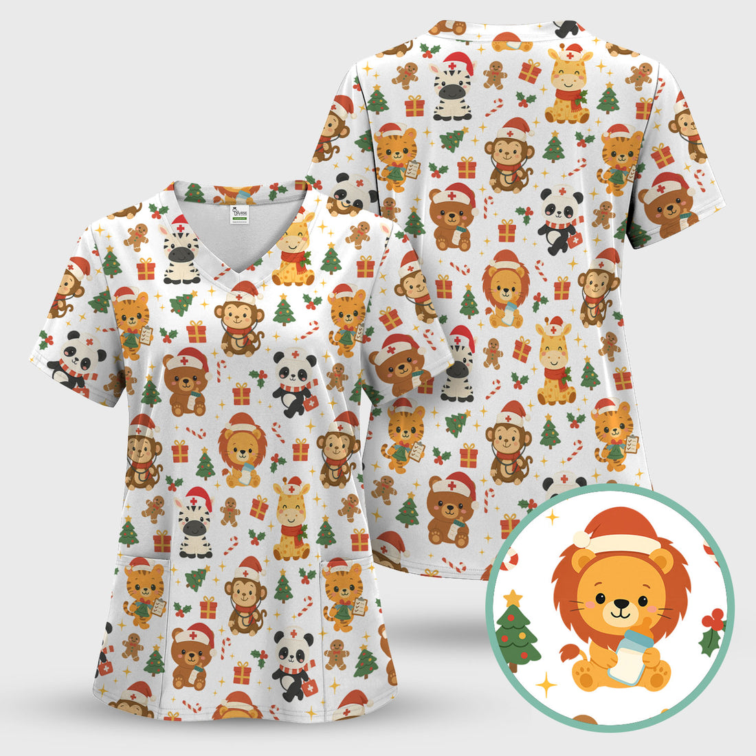 Funny Christmas Nurse Scrub Top - Adorable Safari Animal Pattern - Cute Festive Gift for Women RN LPN CNA