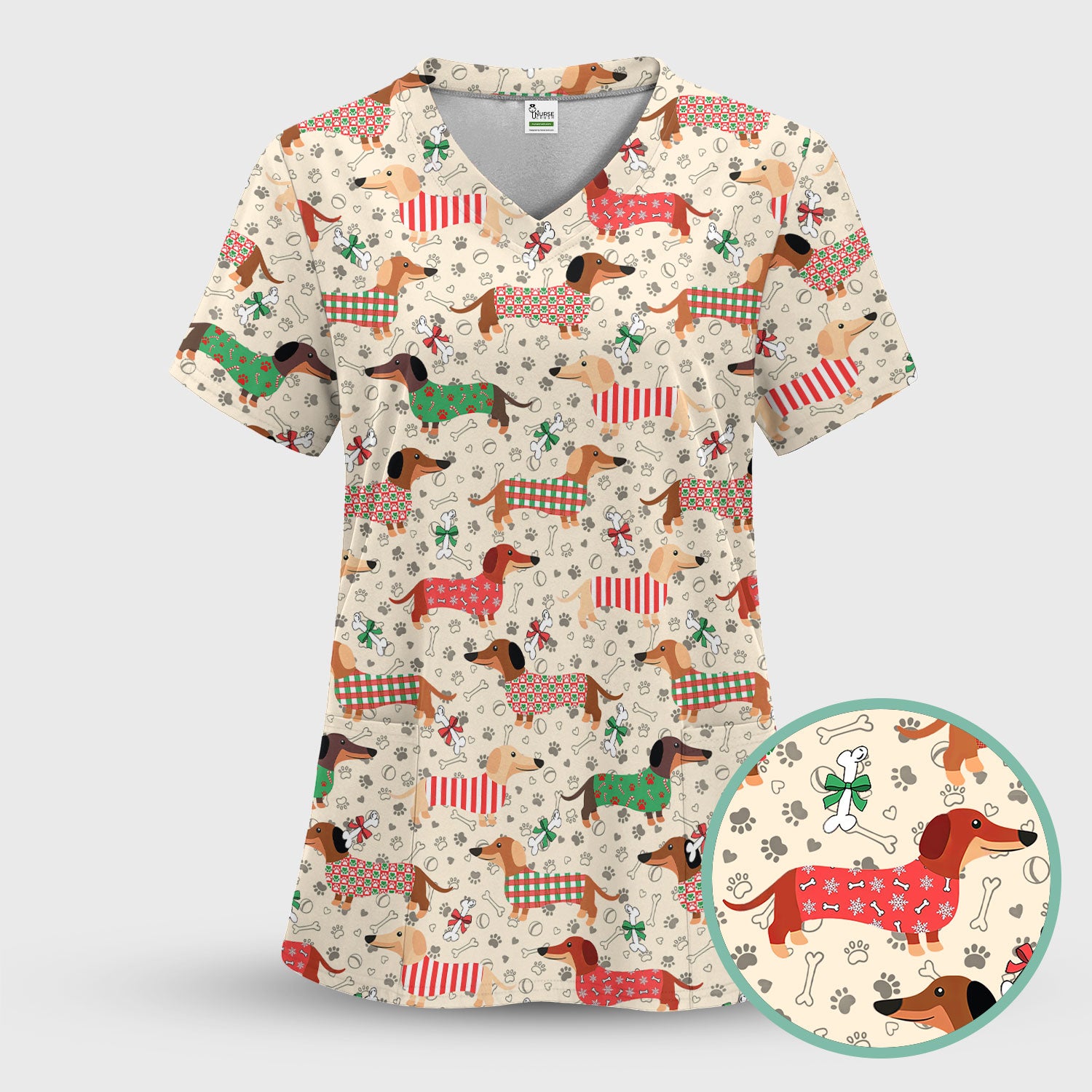 Christmas Sausage Dog Scrub Top - Festive Dachshund Holiday Nursing Shirt - Cute Puppy Lover Gift