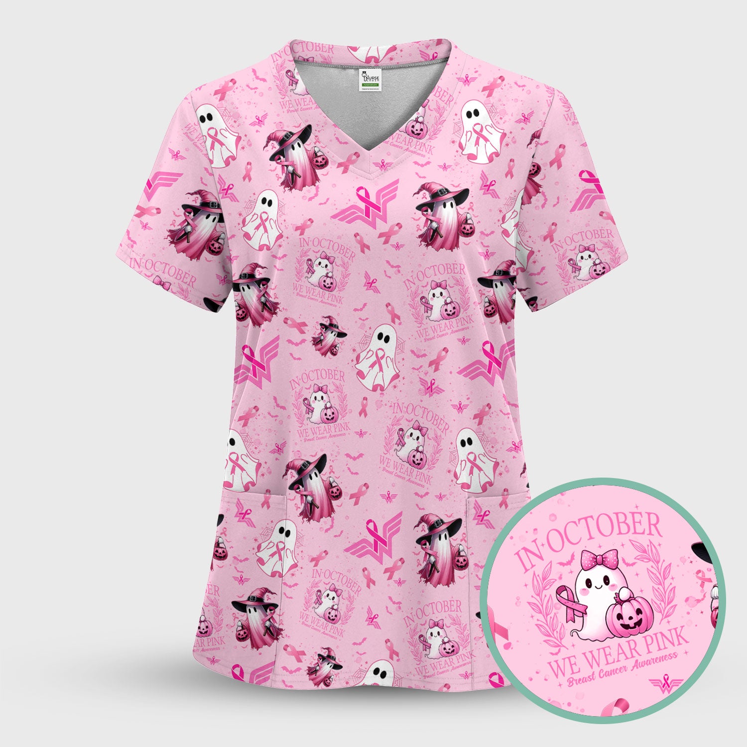 Halloween Breast Cancer Awareness Scrub Top - In October We Wear Pink Nurse Shirt - Cute Ghost Witch Pink Ribbon Medical Uniform