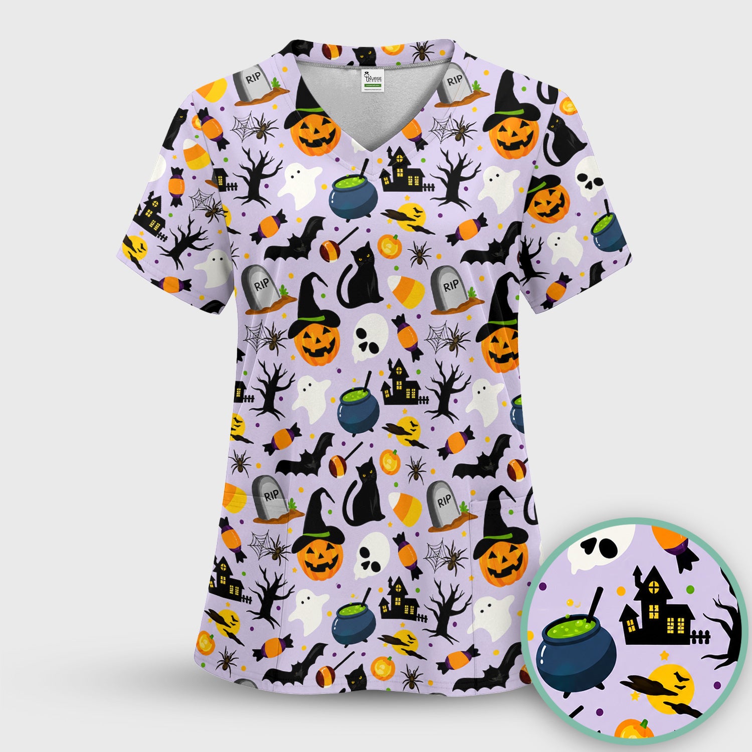 Ghost Pumpkin Witch Pattern Scrub Set, Scrub Pants and V Neck Top