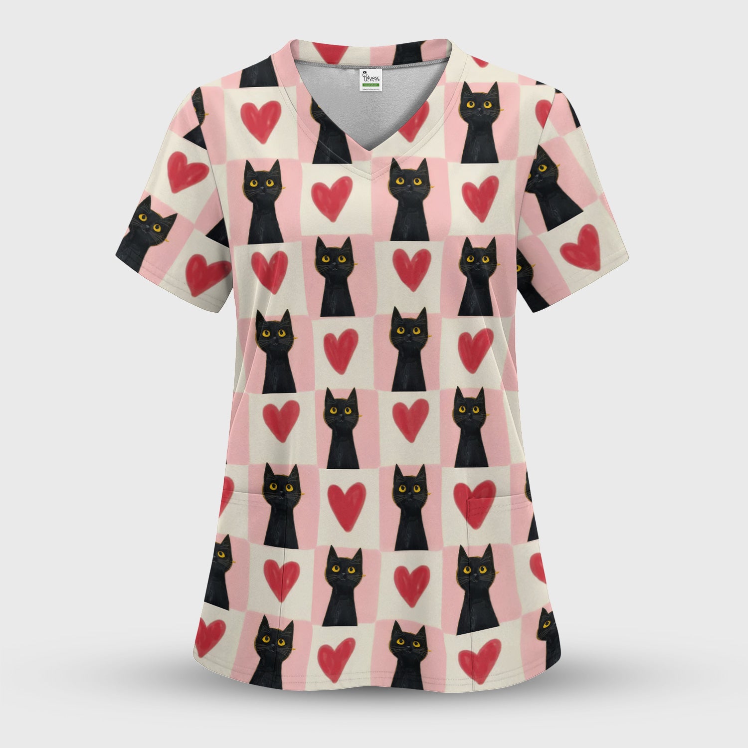 Cute Black Cat Heart Print V Neck Nursing Scrub Top, Comfortable Medical Uniform