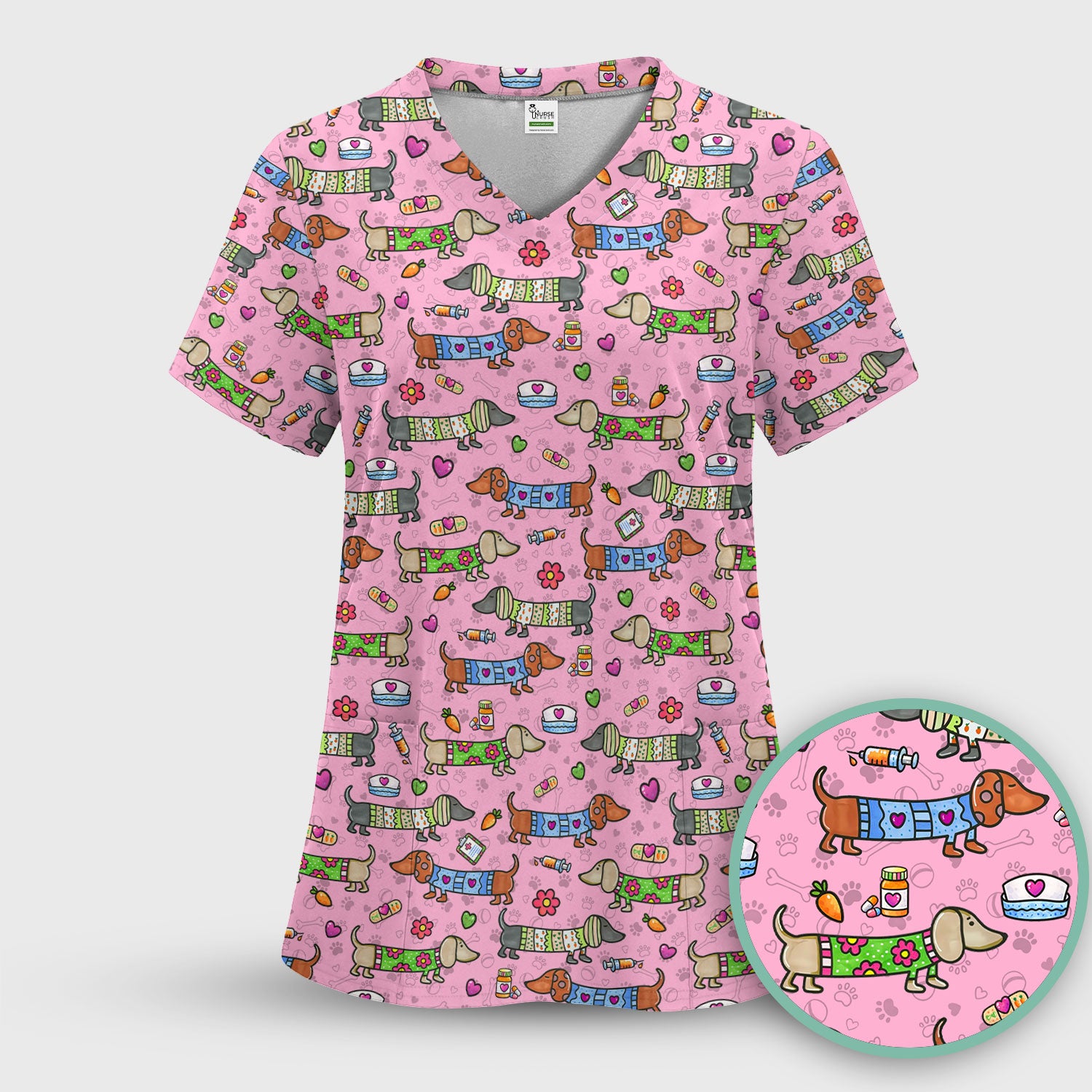 Cute Dachshund Nurse Scrub Top, Funny Wiener Dog Nursing Shirt, Breathable Fabrics Nursing Uniform