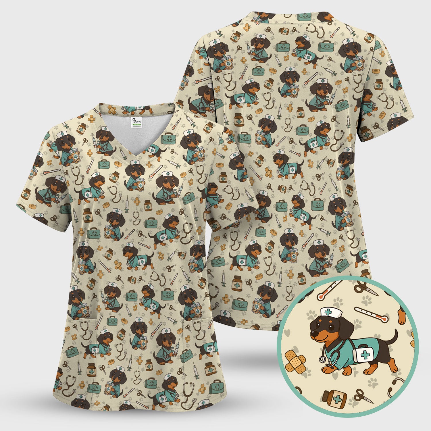 Funny Dachshund Nurse Scrubs - Cute Dog Print Medical Shirt - Holiday Nurse Scrub Top Gift for RN CNA Doctor, Women & Men