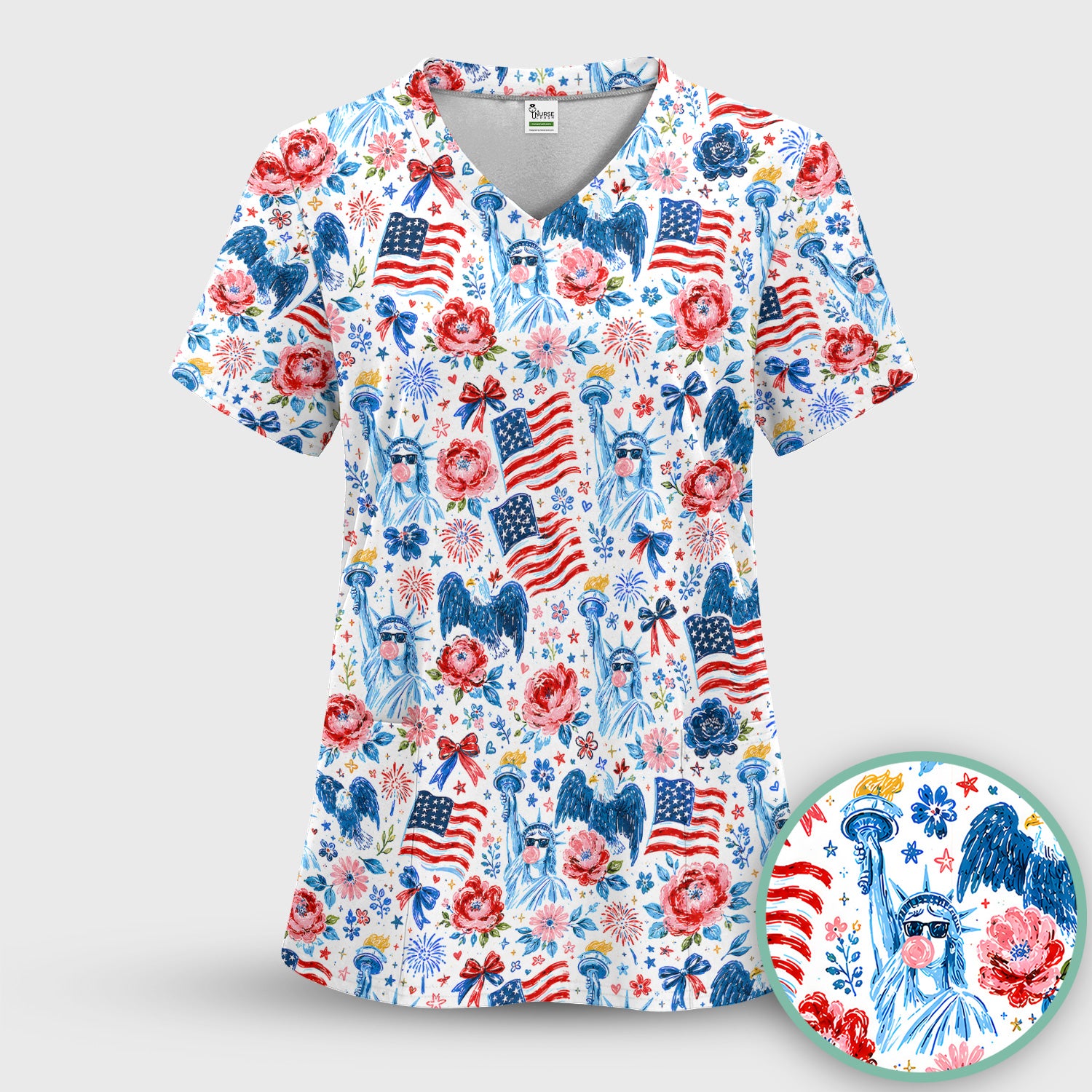 Patriotic Liberty Nurse Pattern Scrub Top, Comfortable Scrubs for Nurses