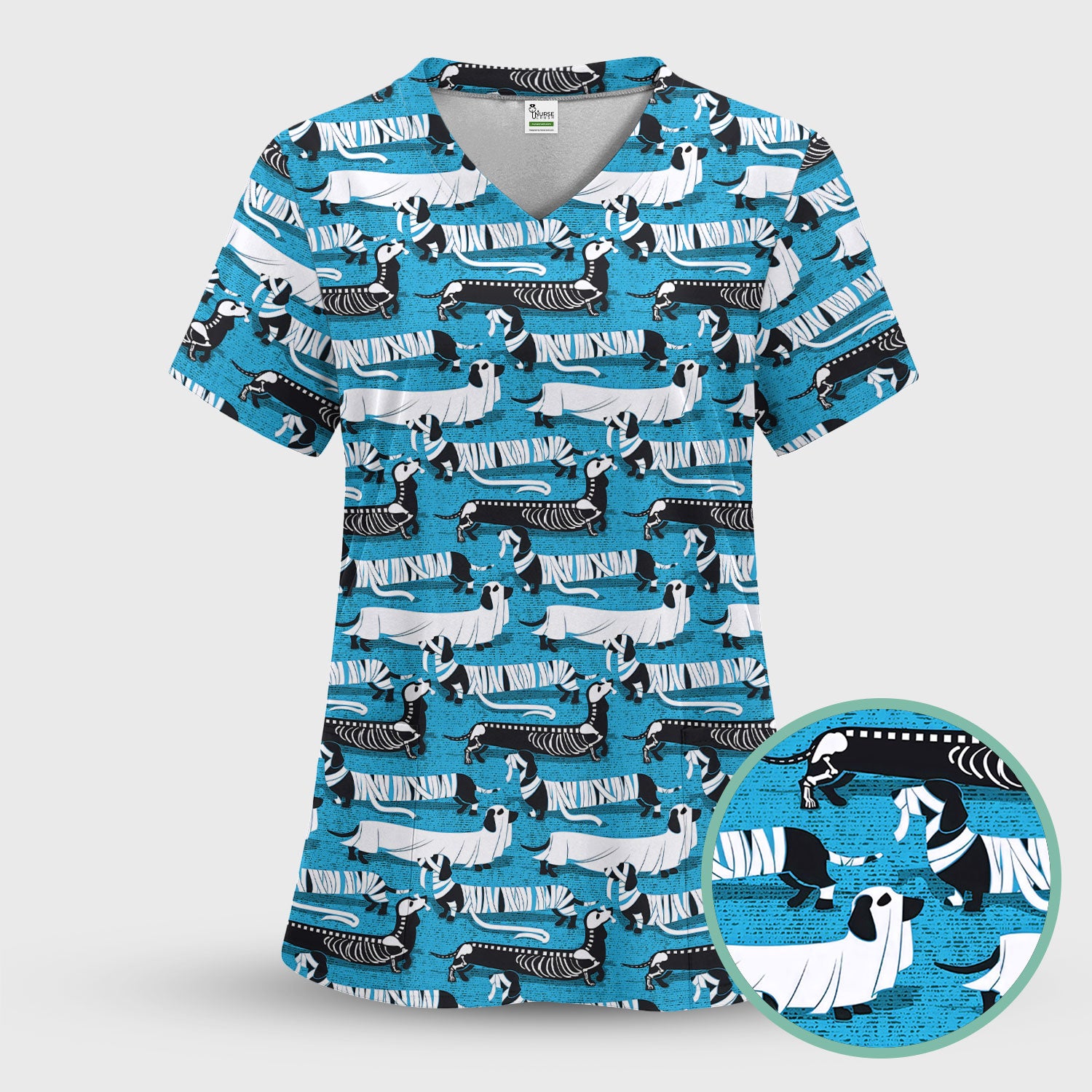 Halloween Scrub Set for Women - Spooky Dachshund Skeleton Med Uniform - Comfortable Nursing Pants - Ugly Sweater for Pet Lover