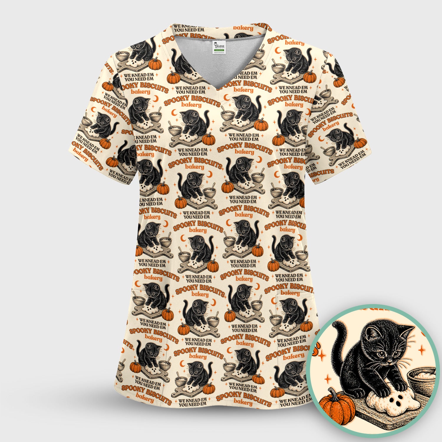 Funny Halloween Black Cat Scrub Top, Comfortable Scrubs for Nurses