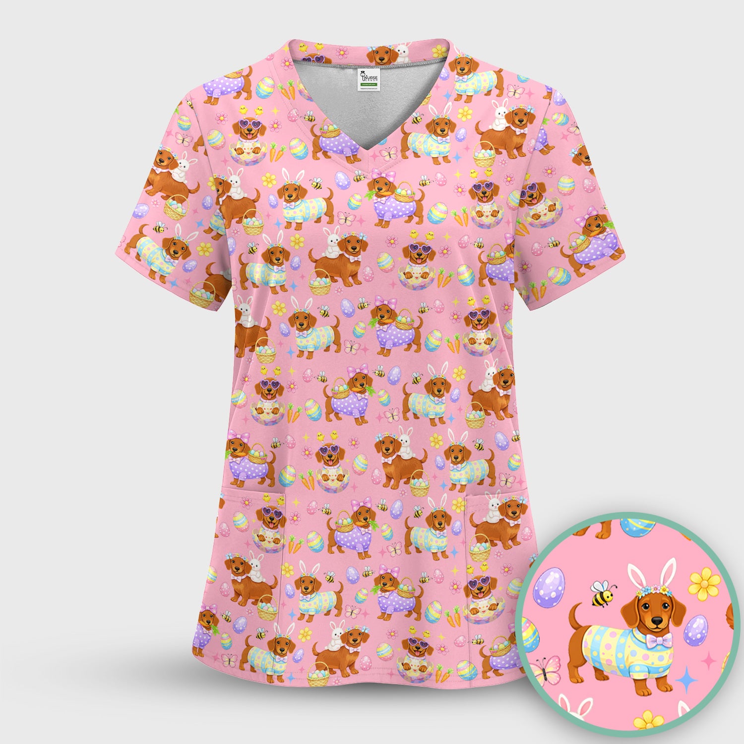 Cute Easter Dachshund Dog Pattern Scrub Top, Breathable Healthcare Uniform Top