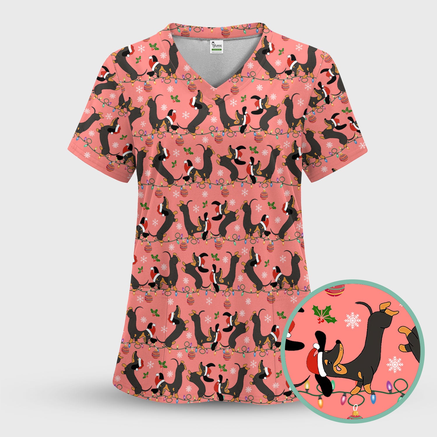 Festive Dachshund Christmas Scrub Top - Adorable Holiday Wiener Dog Nurse Shirt for Women - Cute Medical Uniform for RN CNA LPN