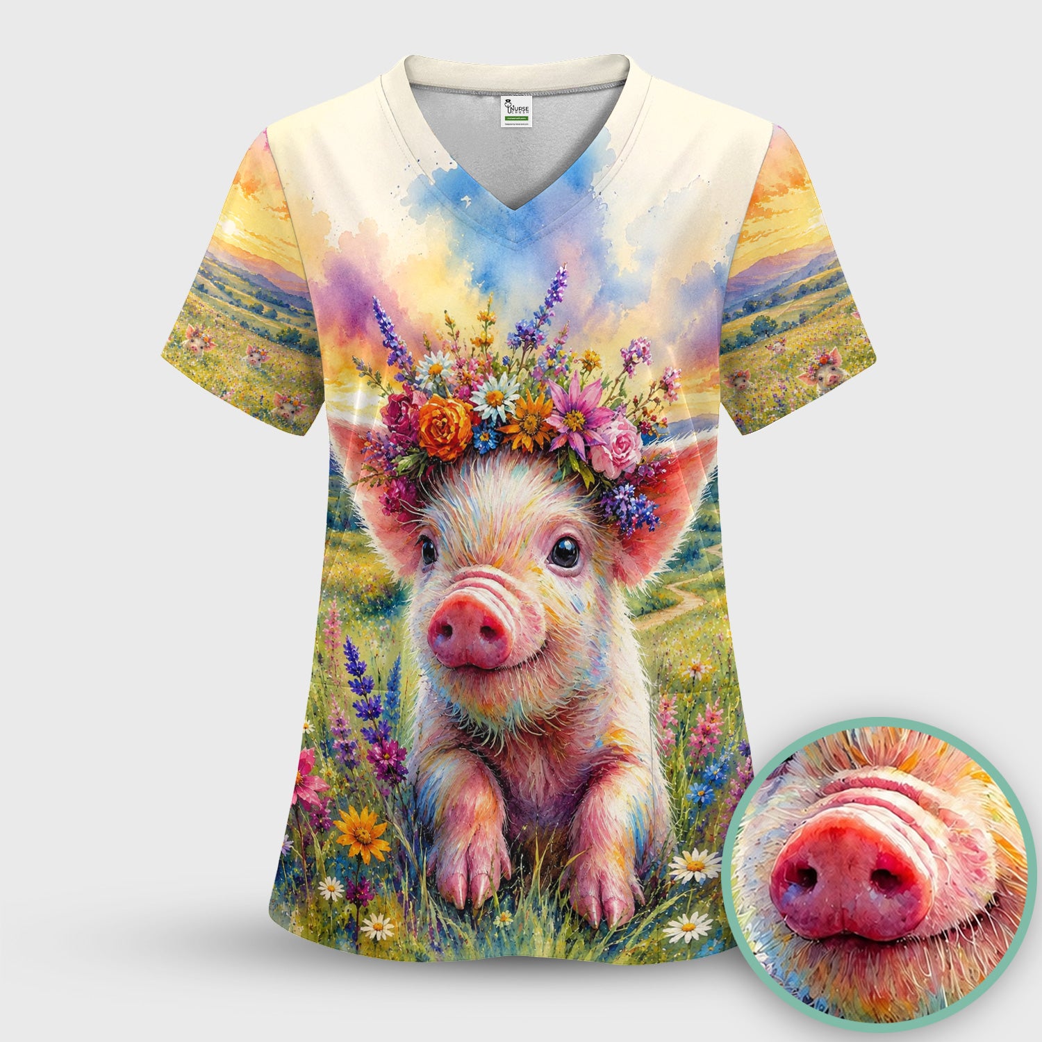 Cute Floral Piglet Pediatric Pattern Scrub Top, Comfortable Scrubs for Nurses