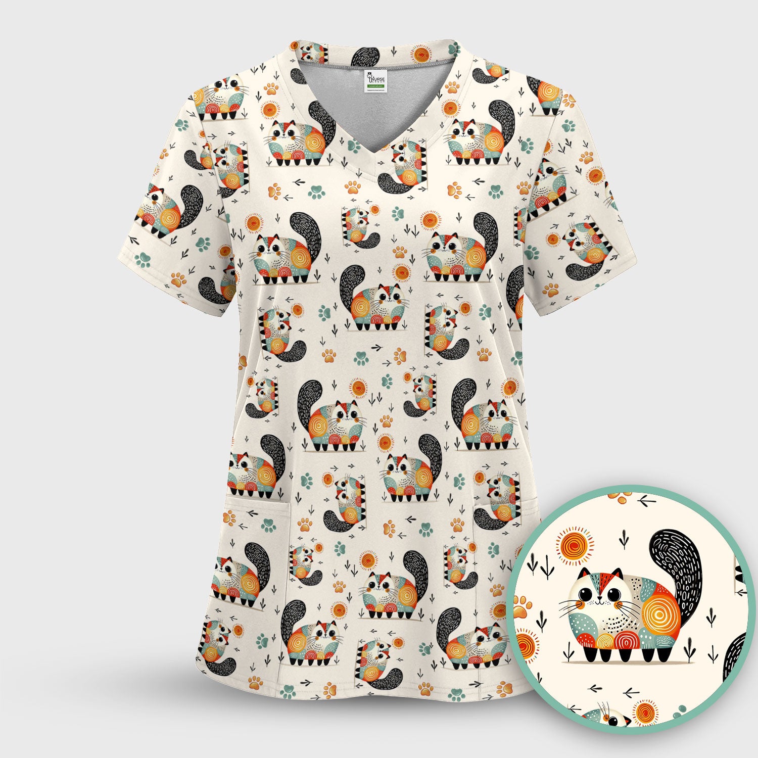 Playful Cat Illustration Nurse Scrub Top, Comfortable Scrubs for Nurses
