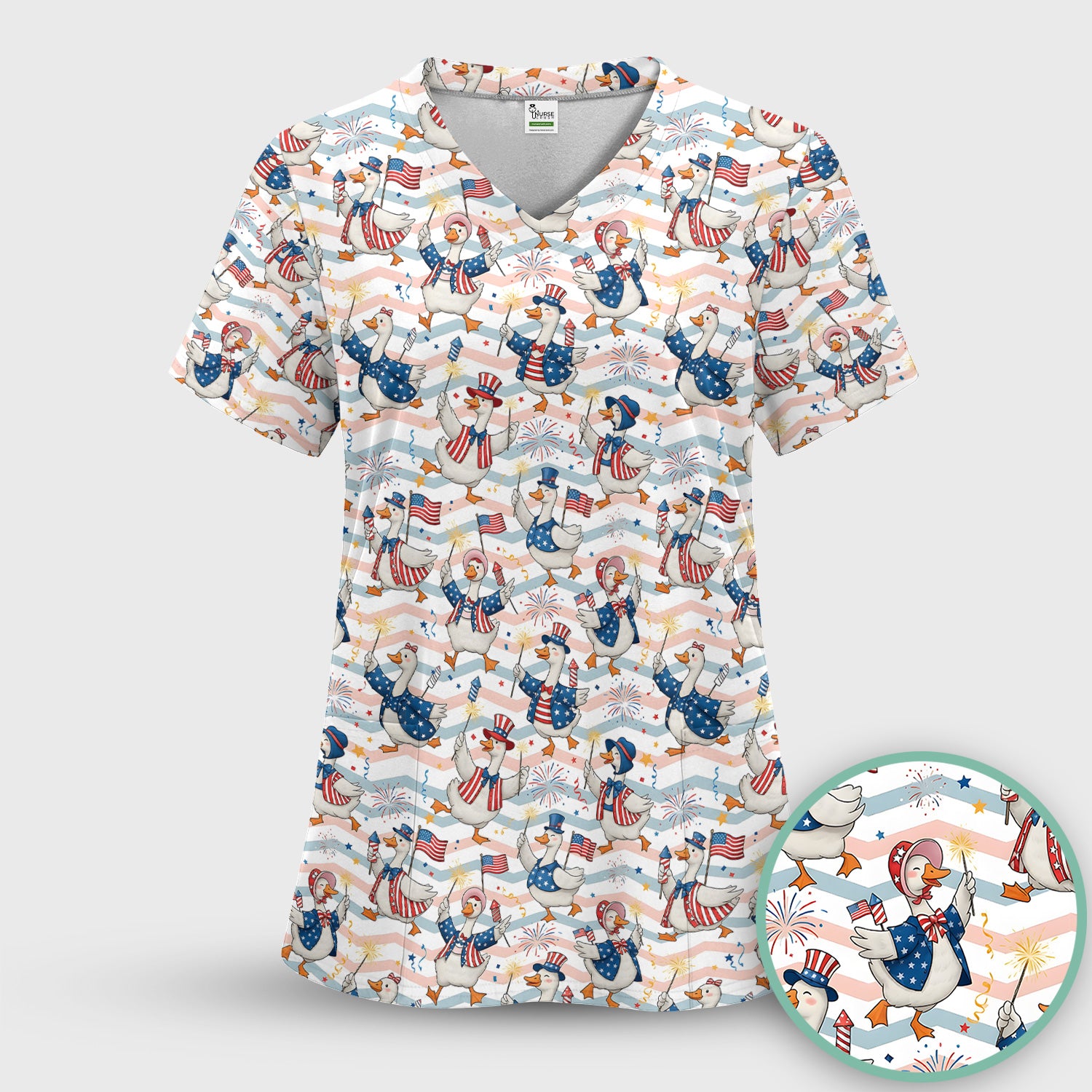 Patriotic Goose Fireworks Parade Pattern Scrub Top, Comfortable Scrubs for Nurses