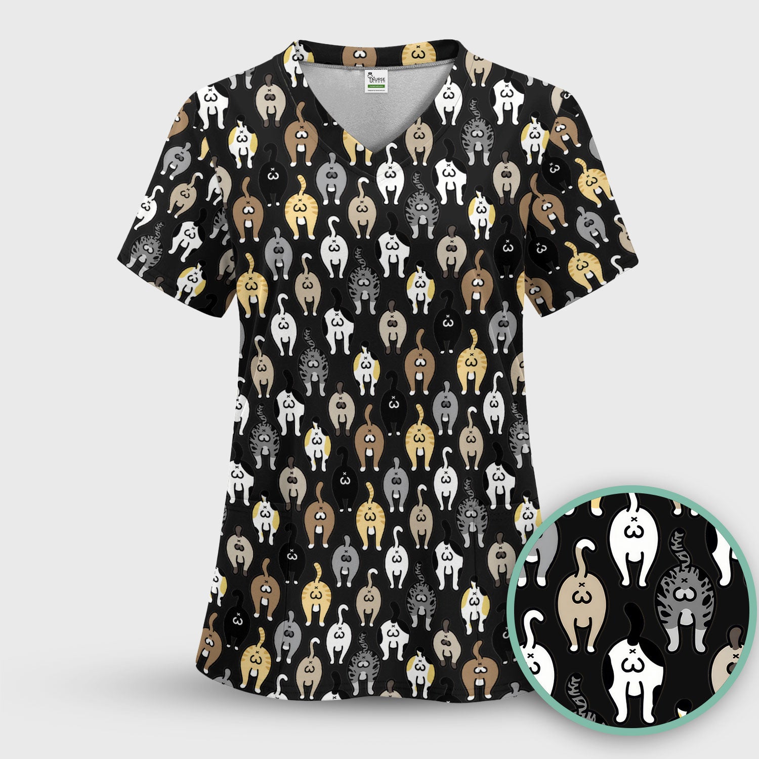 Cat Lover Nurse Scrub Set, Funny Cat Butt Pattern Medical Shirt, Breathable Fabrics Nursing Uniform